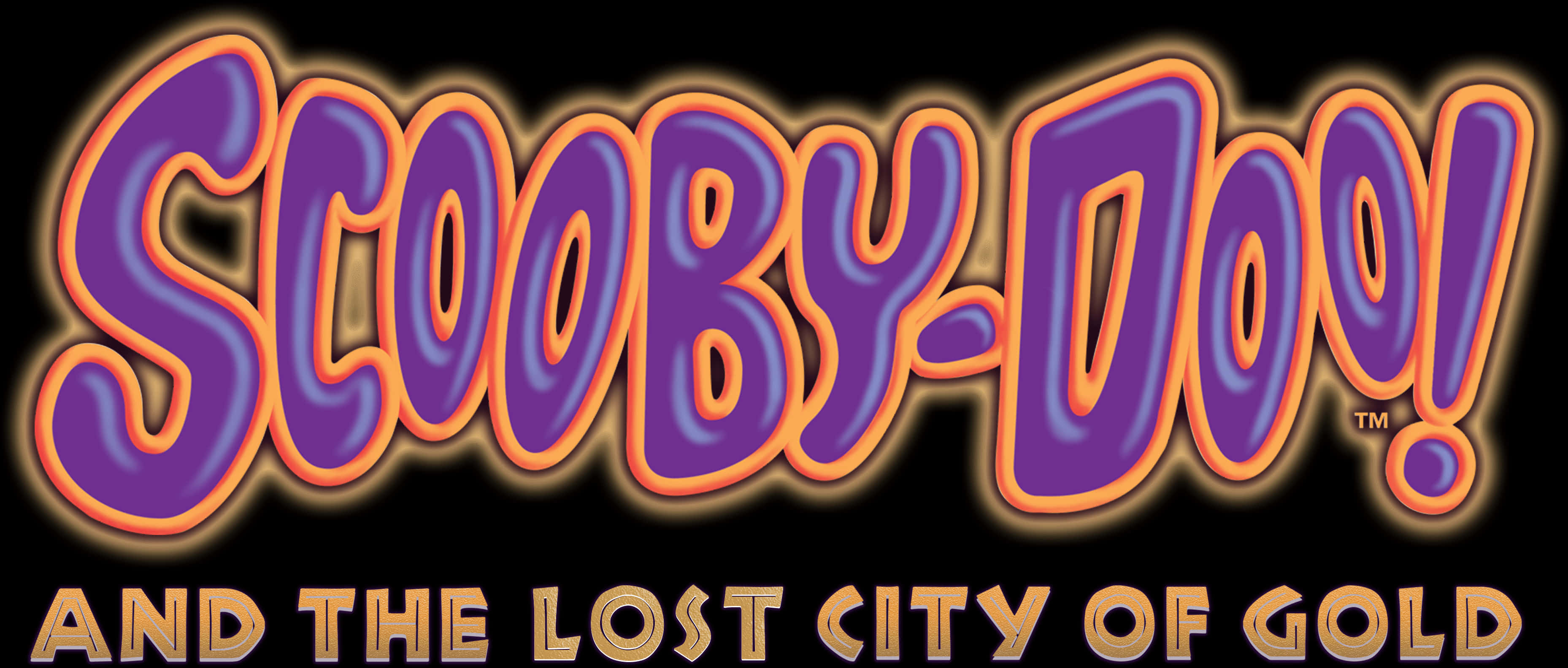 Scooby Doo Lost City of Gold 標誌 壁紙 — 大膽的紫色和橙色3D風格的Scooby-Doo標誌，在黑色背景上帶有發光邊緣。