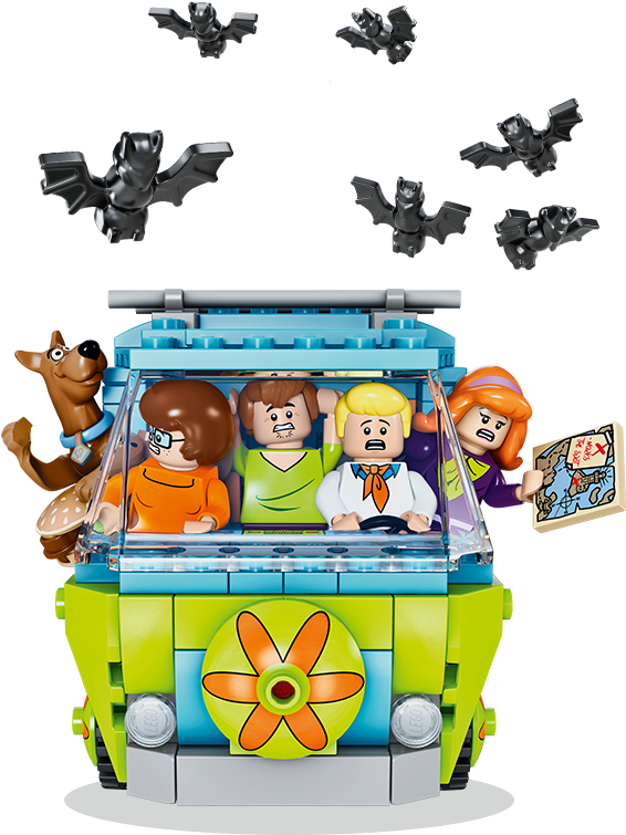 Scooby-Doo 神秘機車冒險 壁紙 — LEGO 史酷比團隊在他們標誌性的綠色廂型車中，周圍有飛行的蝙蝠，背景為黑色。