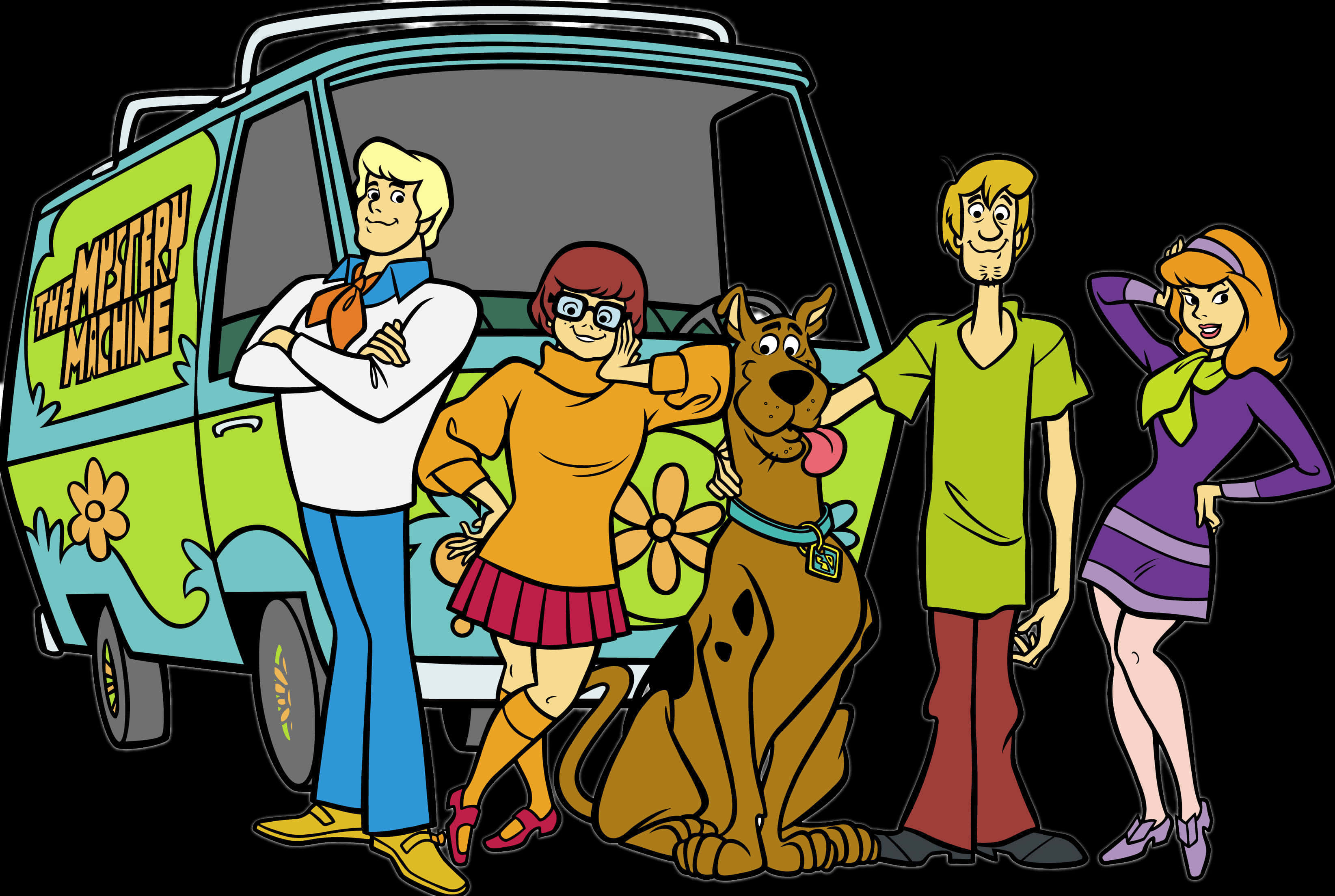 Scooby-Doo與神秘車隊 壁紙 — 經典的史酷比團隊自信地站在他們標誌性的綠色神秘機器廂型車旁。