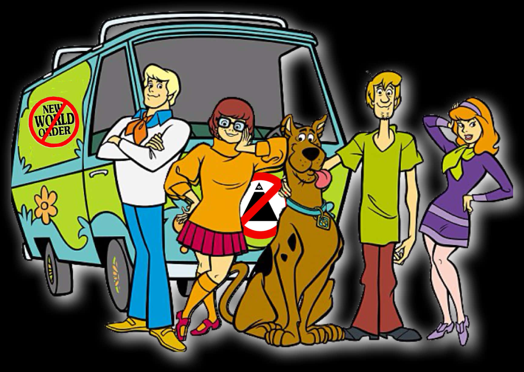 Scooby-Doo 小隊與神秘機車 壁紙 — 史酷比和神秘公司團隊自信地擺姿勢，站在他們標誌性的綠色廂型車旁，車身有迷幻貼紙。