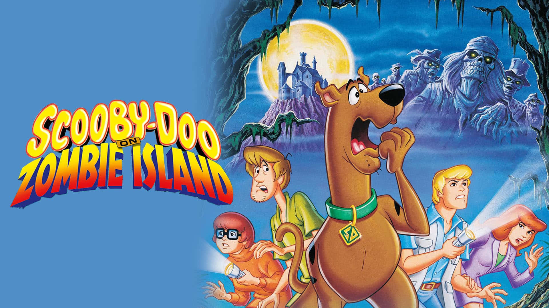 史酷比 桌布 壁紙 — Scooby-Doo 和朋友們在滿月下驚恐地穿過一個有發光眼睛和陰森城堡的鬧鬼叢林。