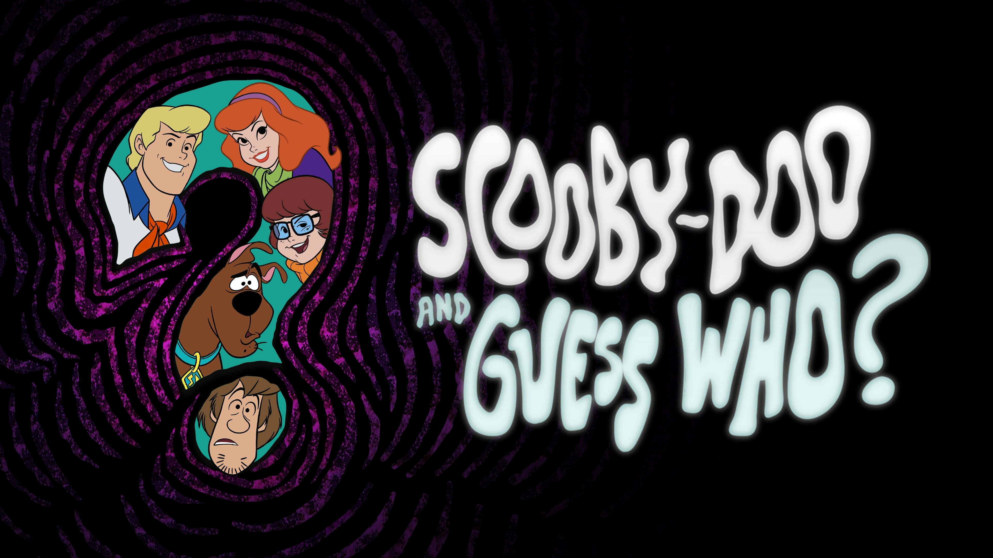 史酷比 桌布 壁紙 — Scooby-Doo 團隊從旋轉的紫色漩渦中窺視，旁邊是發光的標題文字，背景為黑色。
