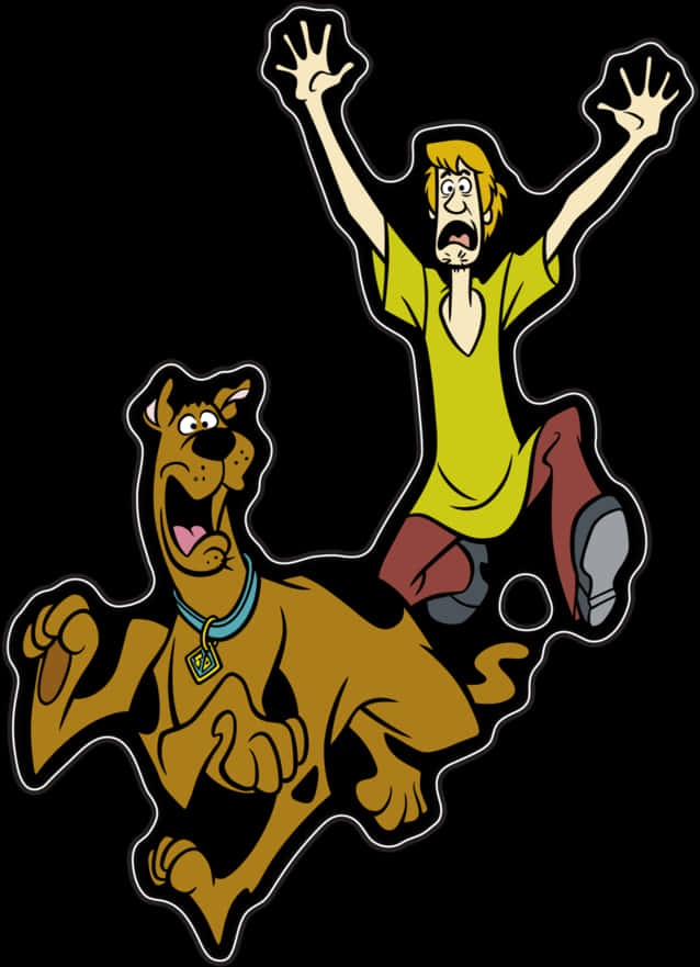 Scooby-Doo與Shaggy驚恐 壁紙 — 史酷比和沙奇在純黑背景前驚慌奔跑，手臂胡亂揮舞。
