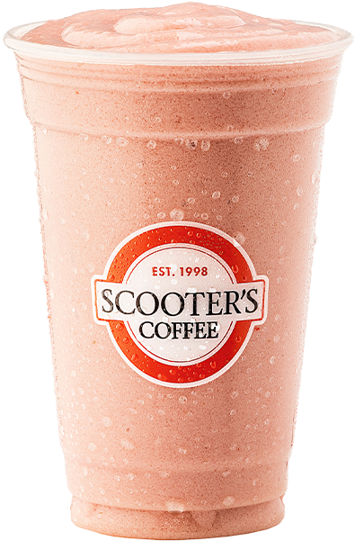 Scooter's Coffee 搞笑冰沙杯 壁紙 — 一杯有品牌杯子的泡沫粉紅色冰咖啡飲品，表面有冷凝水滴。