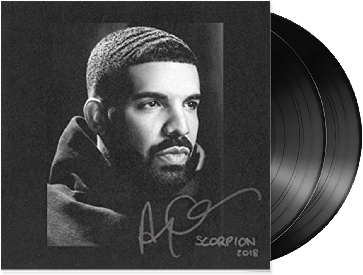 德雷克《Scorpion》專輯封面黑膠唱片 壁紙 — Drake 在其「Scorpion」專輯封面上的黑白肖像，旁邊部分可見一張黑膠唱片。