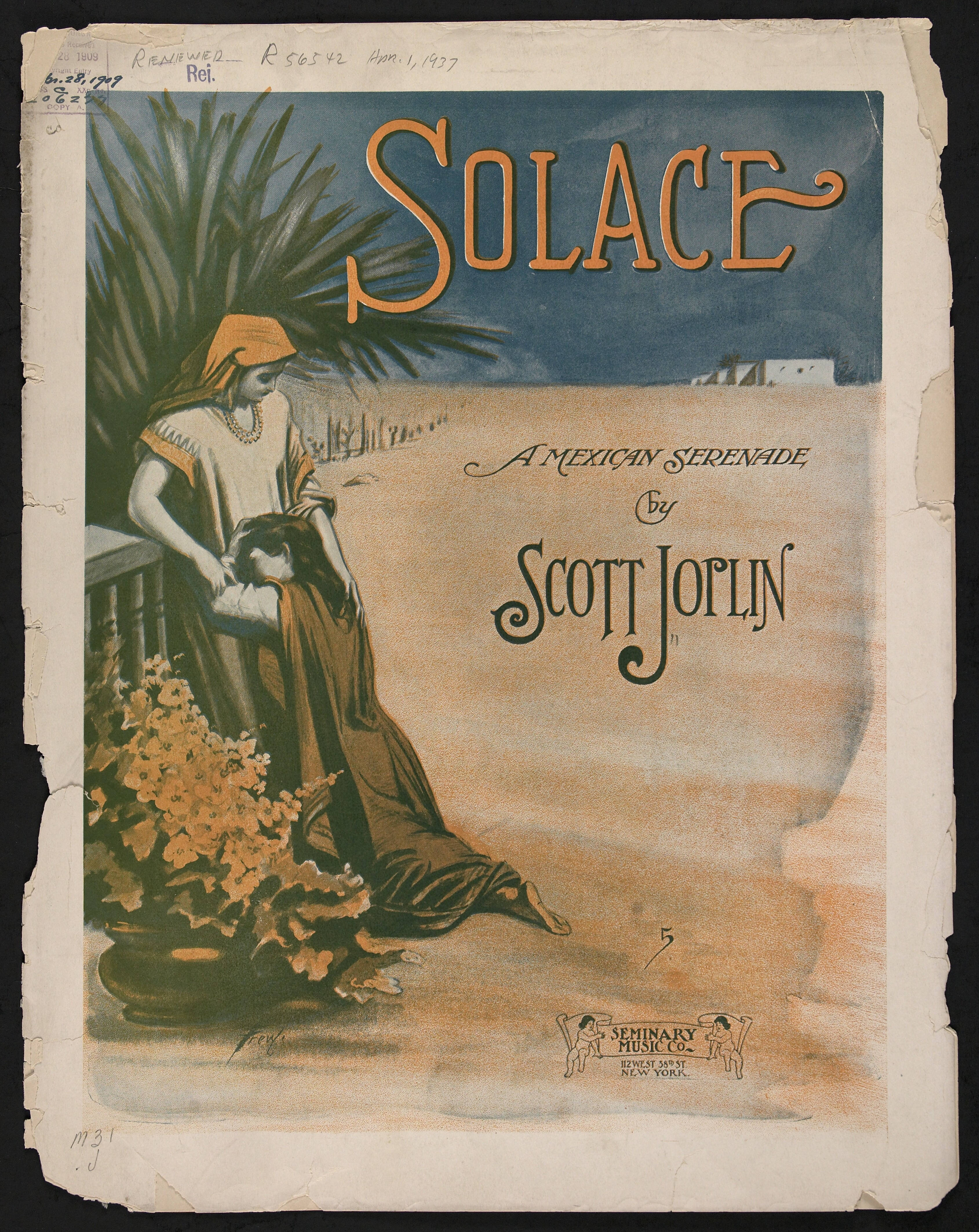 Scott Joplin《Solace》1909年樂譜封面 壁紙 — Scott Joplin 的《Solace》復古樂譜封面，展示一位身穿飄逸長袍的女子倚在陽台上，周圍有棕櫚葉和花朵。
