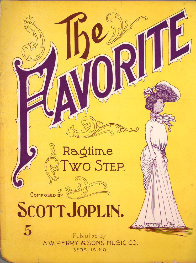 Scott Joplin《The Favorite》樂譜封面 壁紙 — Scott Joplin 嘅 Ragtime Two Step 復古黃色樂譜封面，有位優雅女士著住白色長裙同帽。