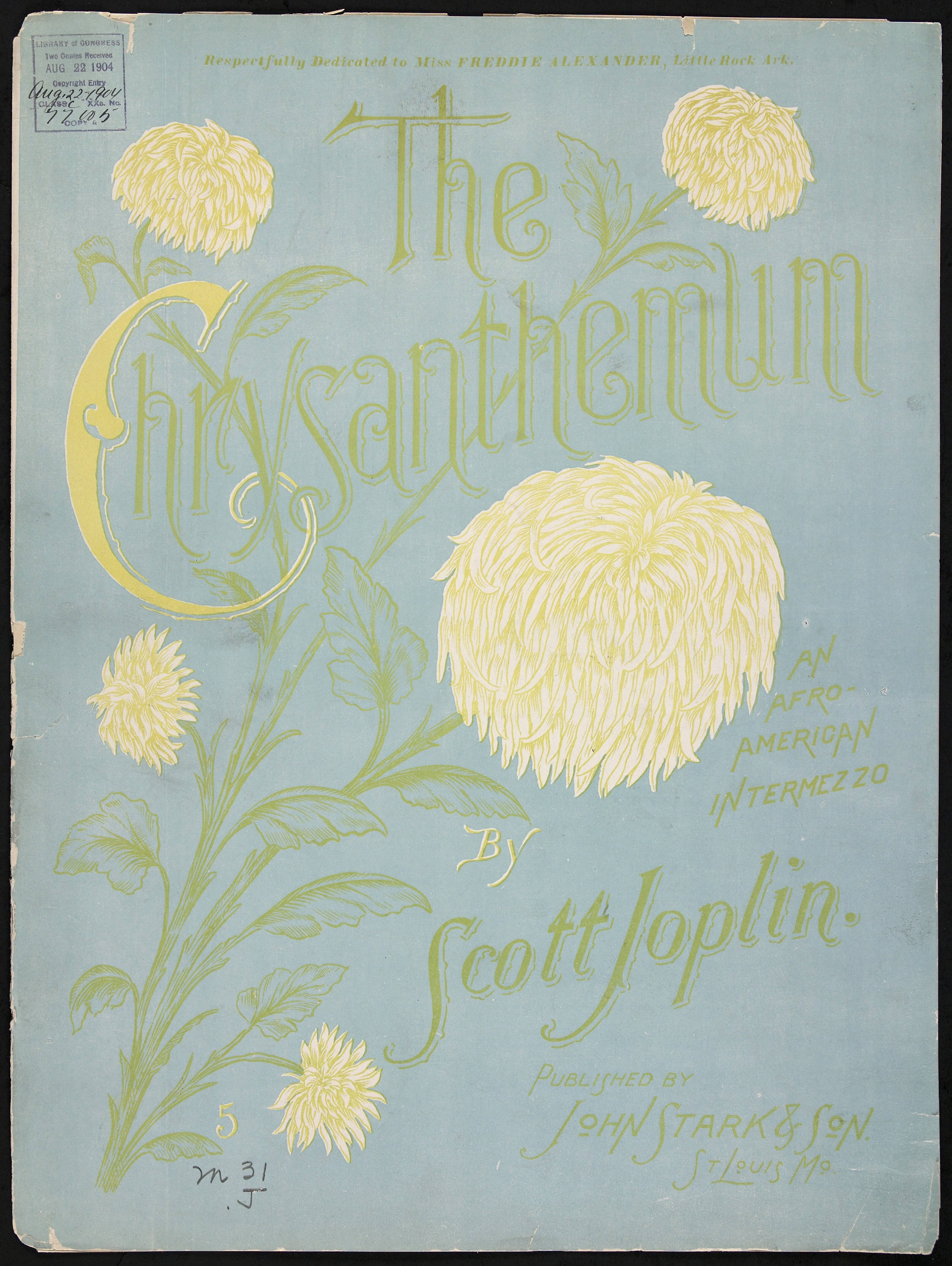 Scott Joplin《The Chrysanthemum Rag》褪色樂譜封面 壁紙 — 斯科特·喬普林的《菊花》復古樂譜封面，在淡藍色背景上飾有華麗的黃色菊花。