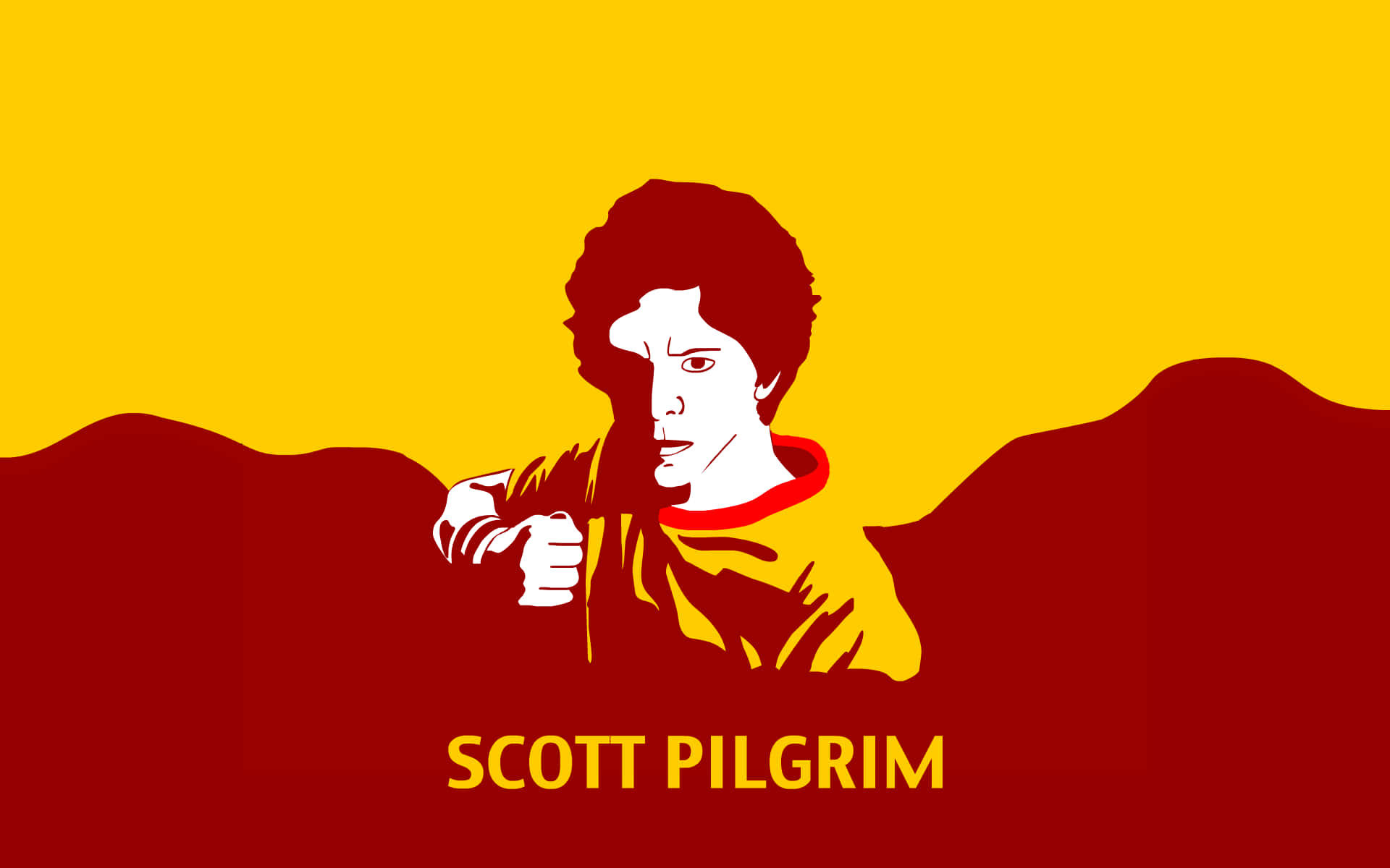 Scott Pilgrim角色插圖，採用大膽的紅黃色極簡風格。