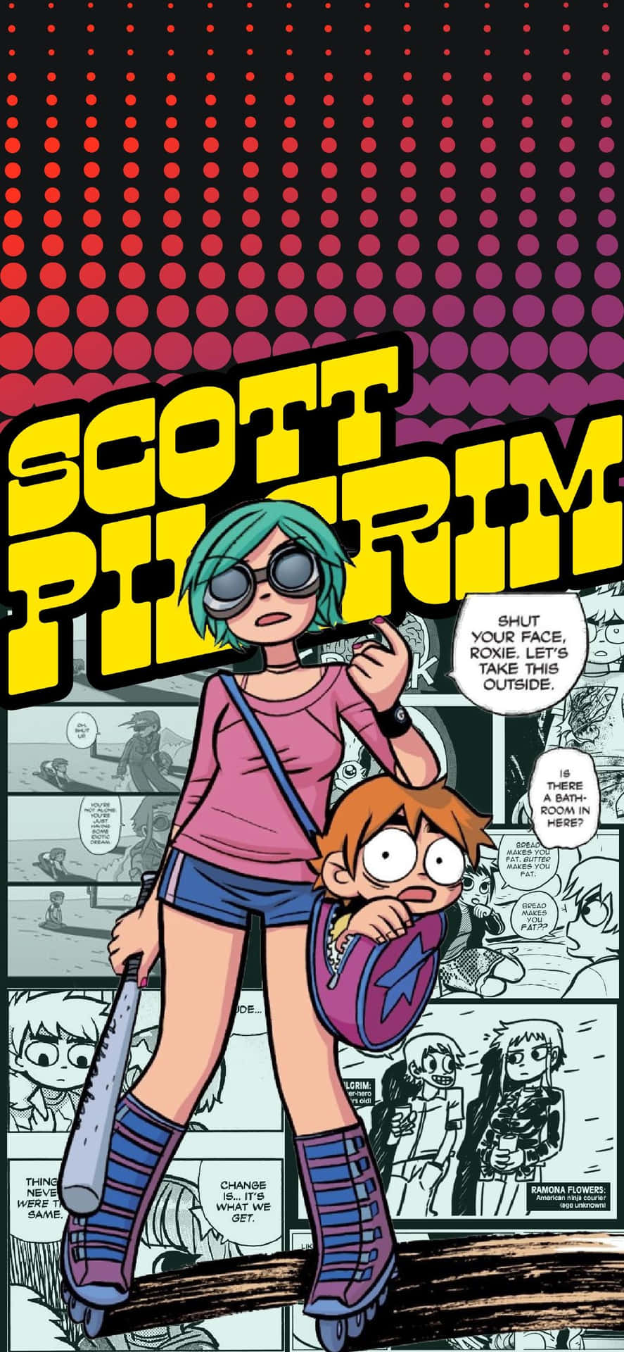 Scott Pilgrim 漫畫封面，青綠色頭髮的女孩手持球棒，男孩躲在她身後。