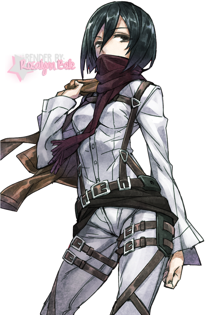 米卡莎·阿克曼 scout 部隊制服 壁紙 — 黑短髮、戴栗色圍巾的動漫女孩，身穿白色戰術裝備配棕色帶子，站在黑色背景前。