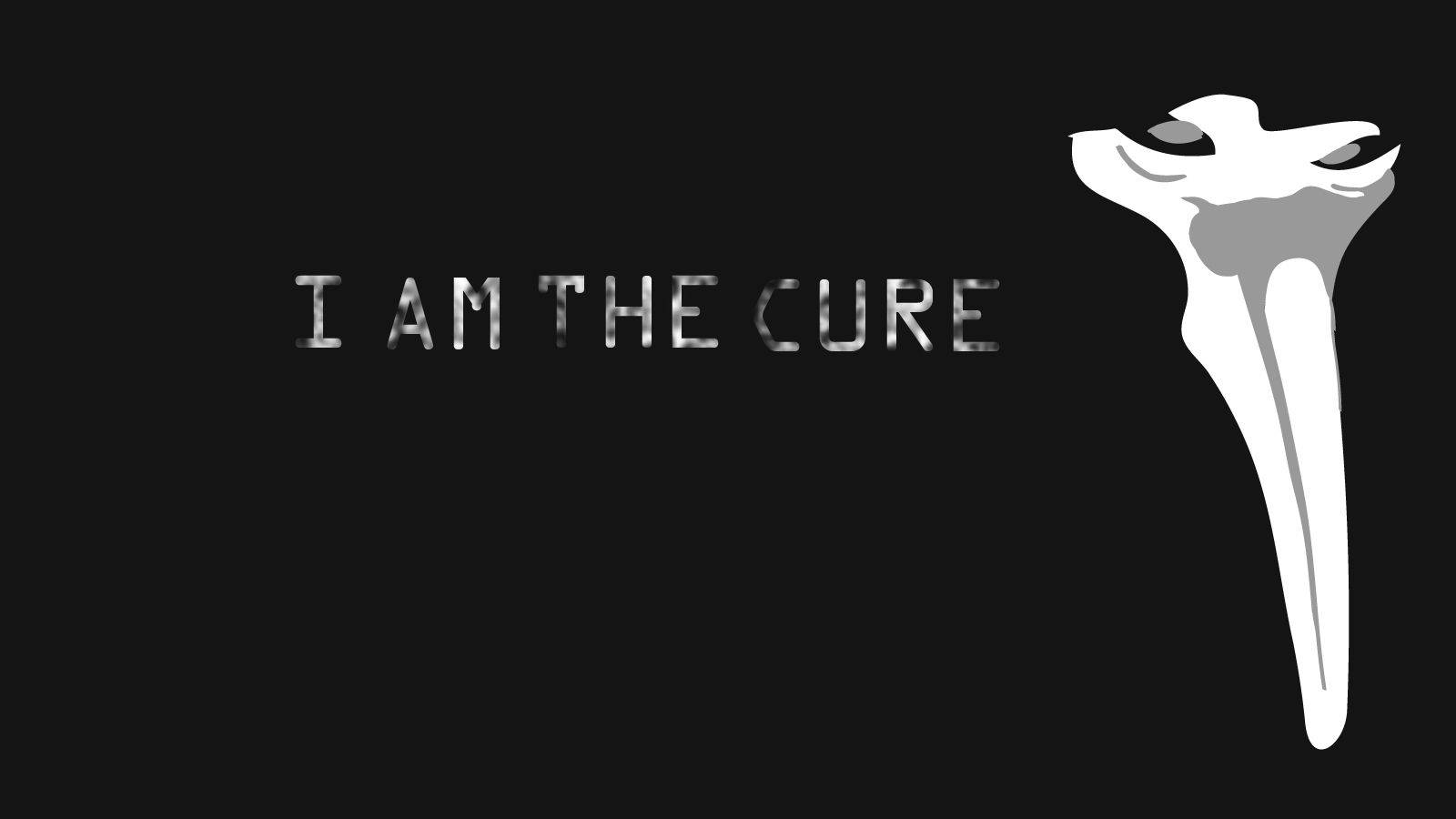 SCP 049黑底藝術 壁紙 — 粗體白色文字宣告「I AM THE CURE」，旁邊是風格化的骨頭圖案，背景為純黑色。