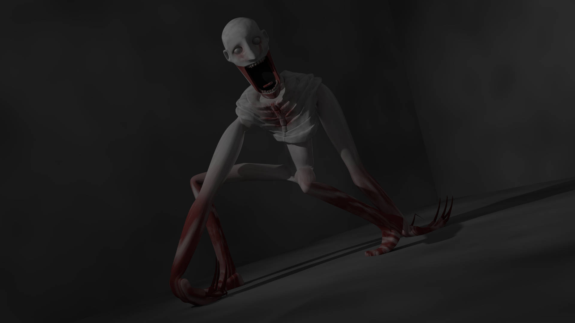 SCP-096 怪物 壁紙 — 一個怪誕蒼白的人形生物，張著大嘴，四肢有爪，蹲在黑暗陰暗的角落。