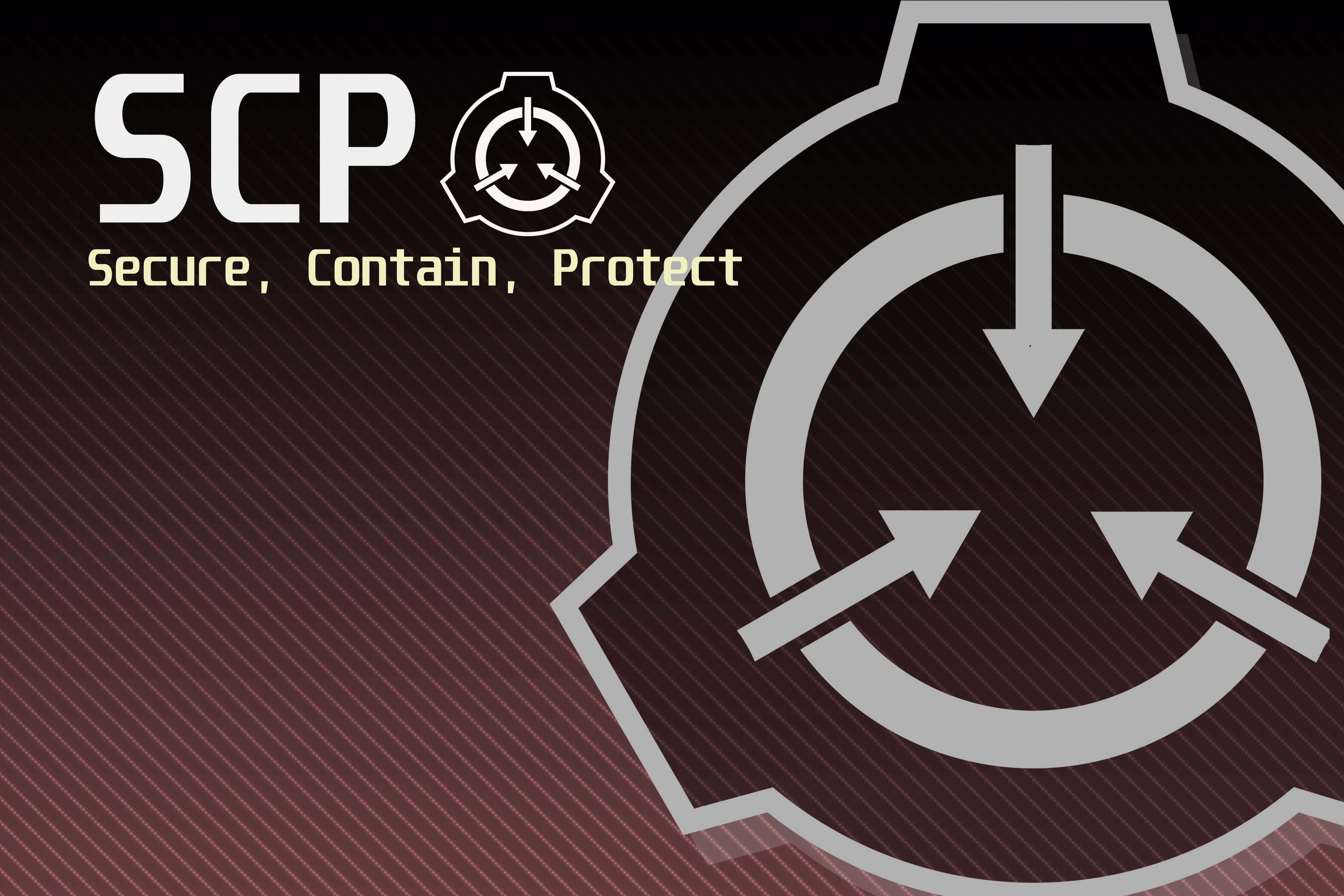 SCP-4496 的比較分析 壁紙 — 深色漸變背景上顯示SCP基金會標誌，帶有其標誌性的齒輪符號和粗體白色與黃色的文字Secure Contain Protect。