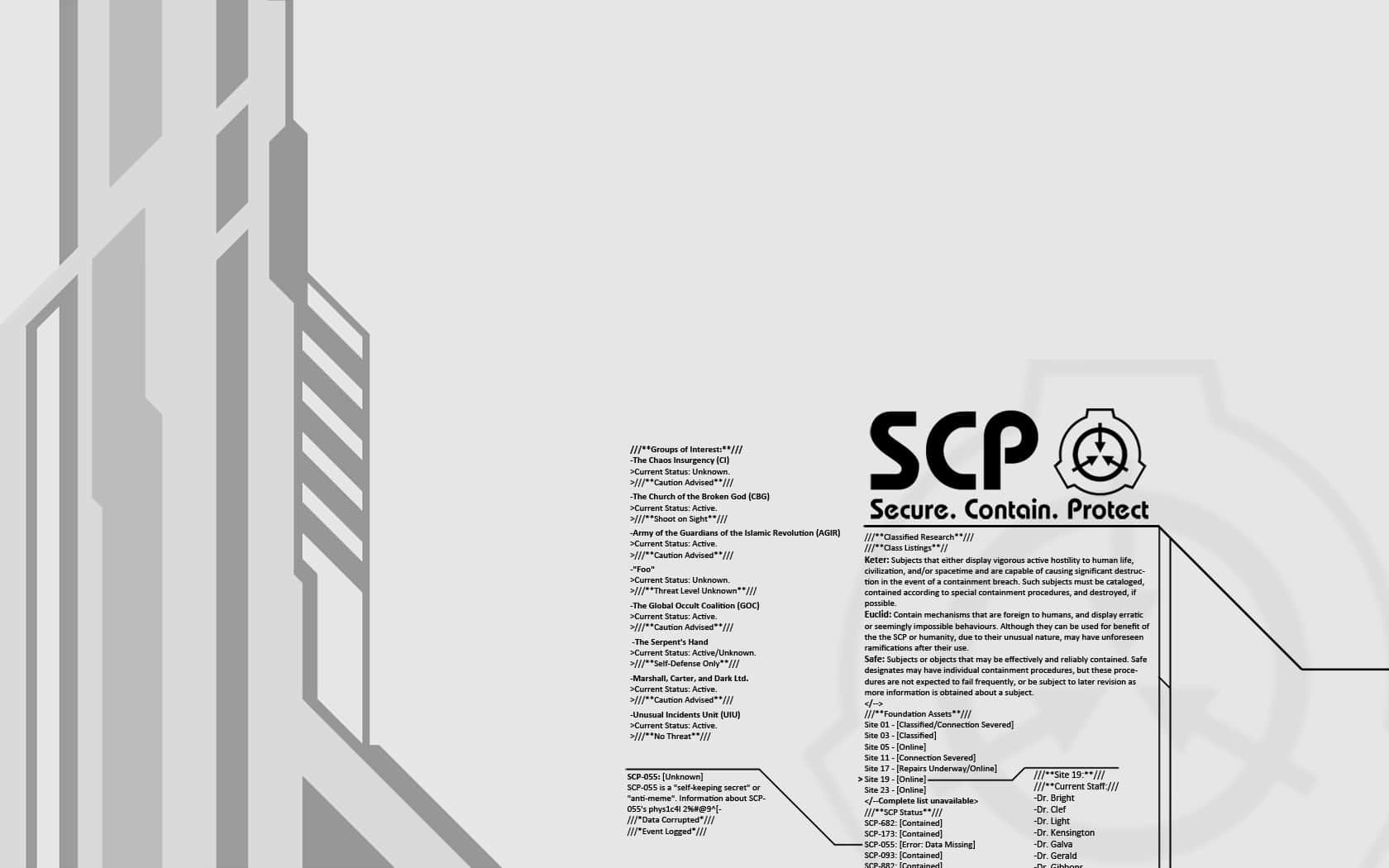 SCP基金會文件，顯示收容程序，位於帶有灰色建築元素的白色牆壁上。