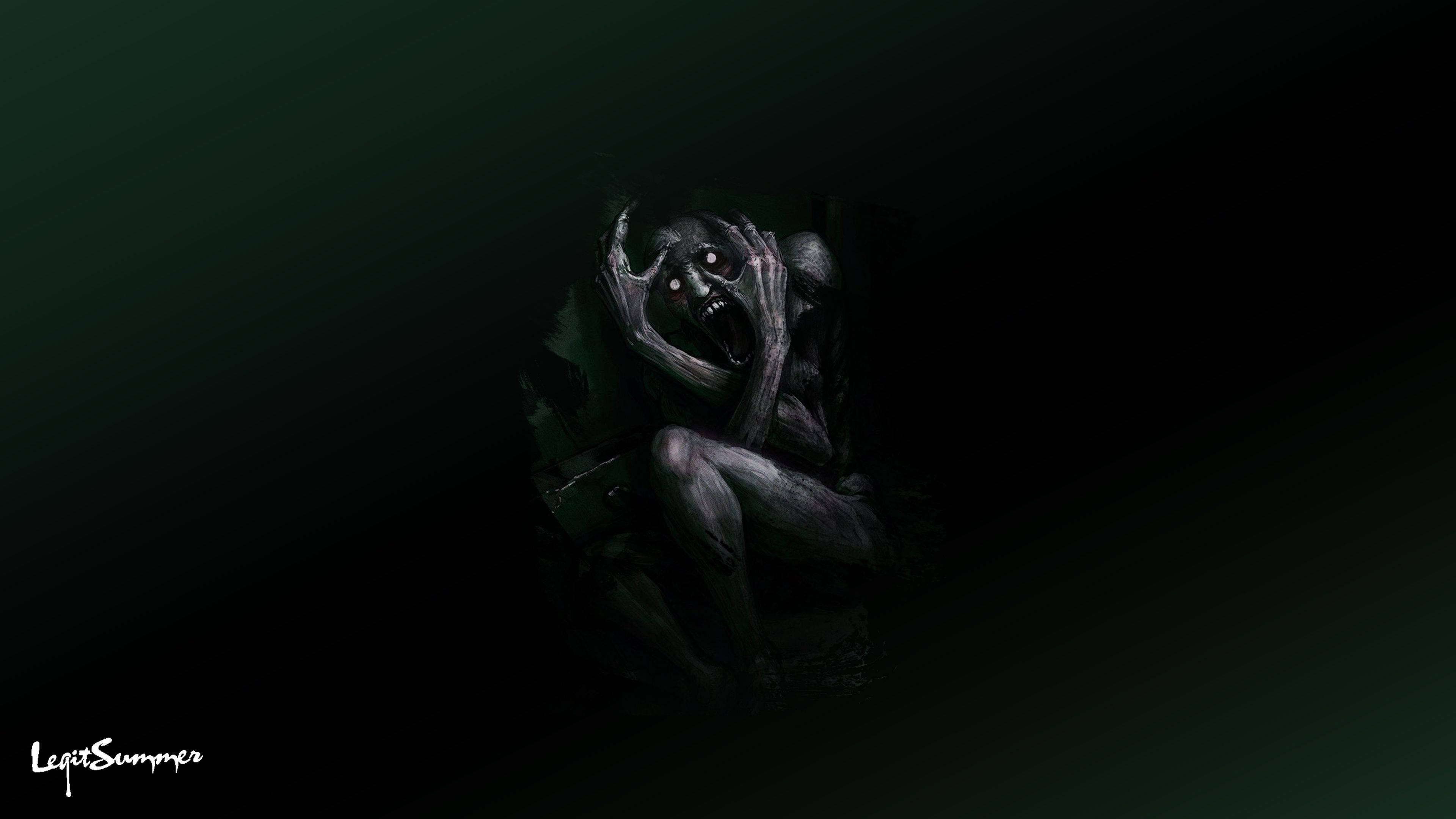 SCP惡魔生物海報藝術 壁紙 — 一個怪異的蒼白生物，眼睛發光，手爪如鉤，蹲在深綠色的虛空中，恐懼地尖叫。