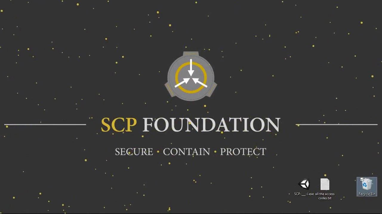 SCP數位海報灰底設計 壁紙 — 深灰色背景帶有金色斑點，以粗體字型展示SCP基金會的標誌和格言。