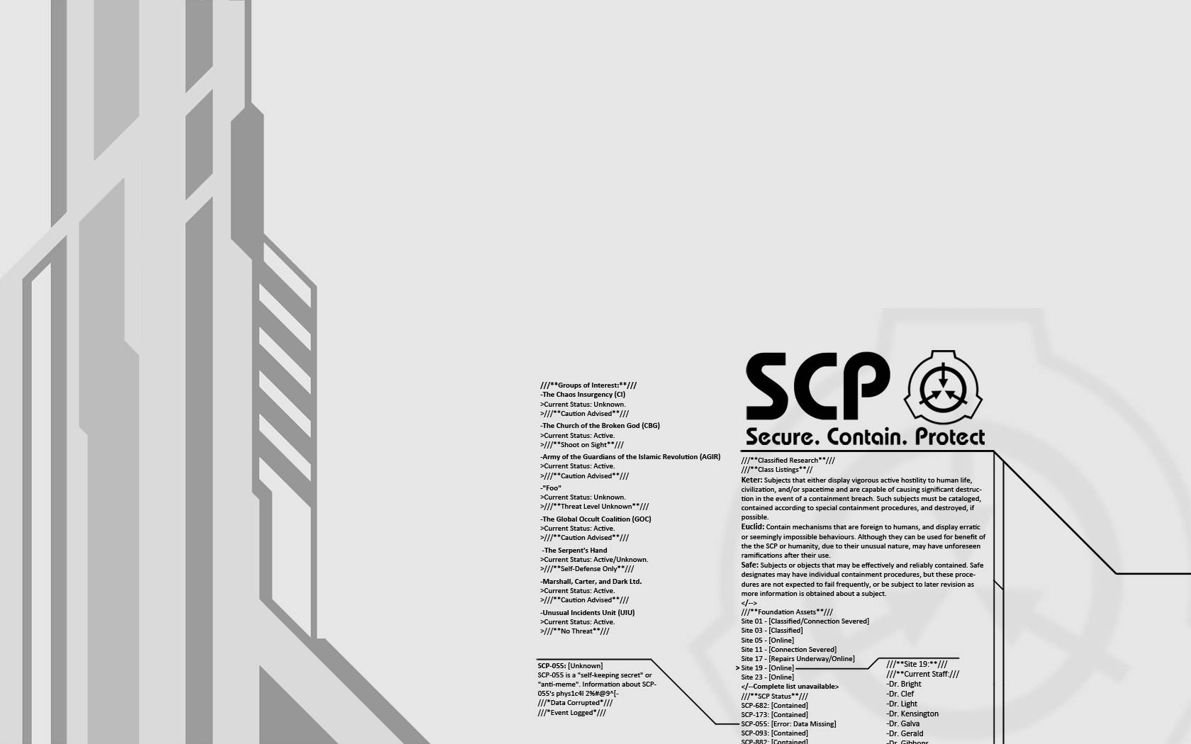 SCP遊戲主機 壁紙 — 一份清晰的白色SCP基金會文件，帶有黑色文字，詳細說明異常實體的收容程序，並以極簡灰色幾何建築框架。