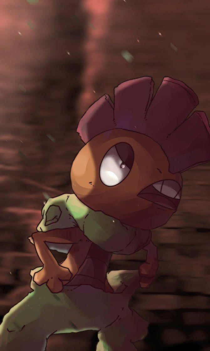 戰鬥準備中的Scrafty 壁紙 — 一隻堅定的動漫風格寶可夢，棕色頭部綠色身體，站在灰塵瀰漫、光線昏暗的洞穴中，周圍有發光的粒子旋轉。
