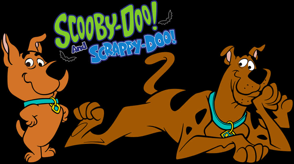 史酷比與Scrappy Doo動畫角色 壁紙 — Scooby Doo 和 Scrappy Doo 卡通角色在黑色背景前愉快地擺姿勢，帶有發光的標題文字。