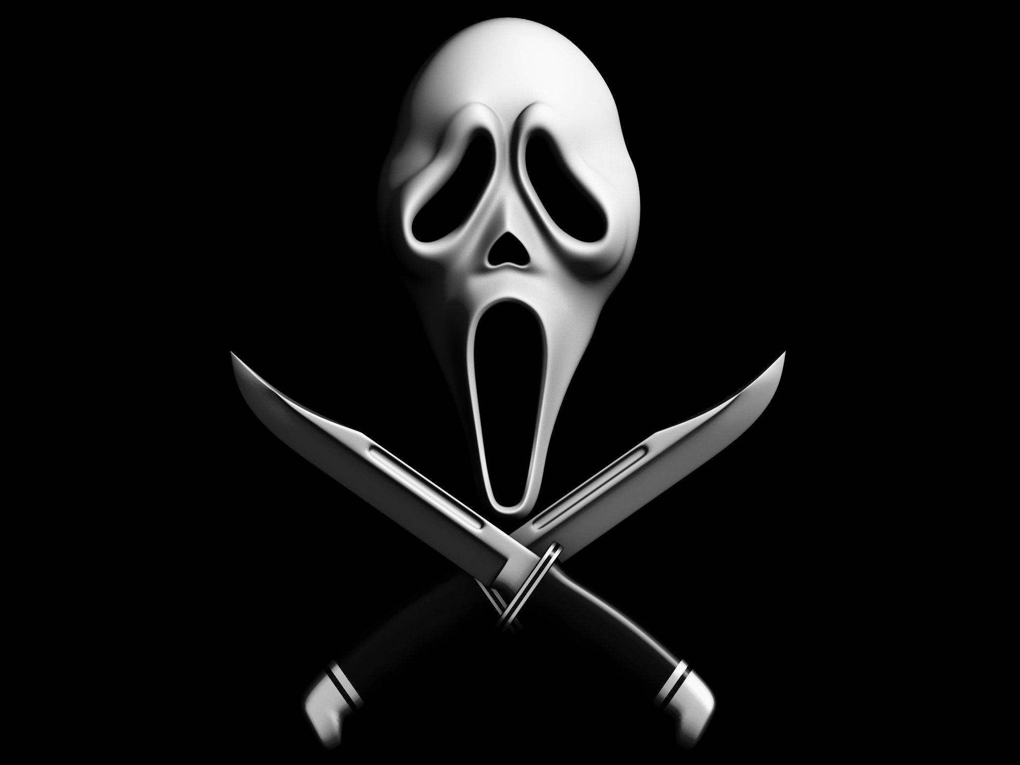 《Scream》Ghostface 面具與雙刀 壁紙 — 一個令人毛骨悚然的白色鬼面面具，交叉的刀子在純黑背景上。