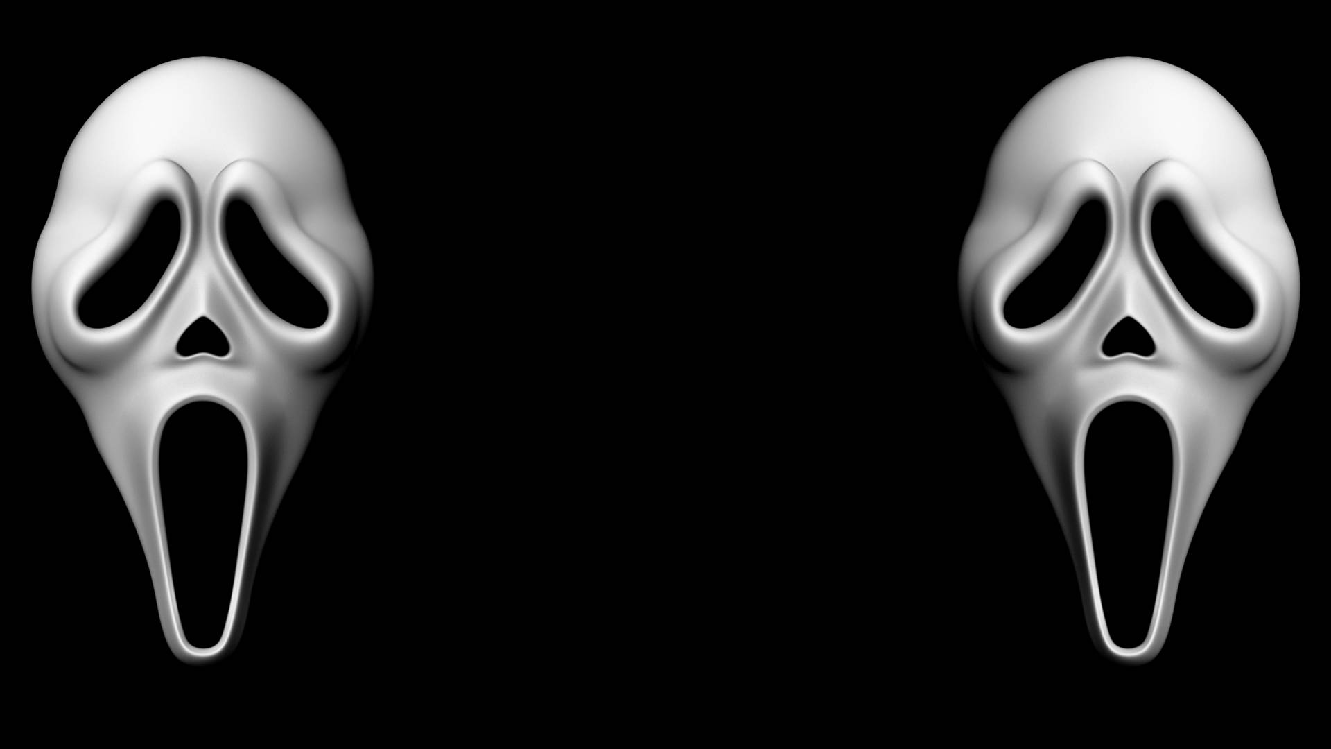 《Scream》Ghost面具 壁紙 — 兩款來自《奪命狂呼》電影系列的標誌性白色尖叫面具，漂浮在純黑背景上。