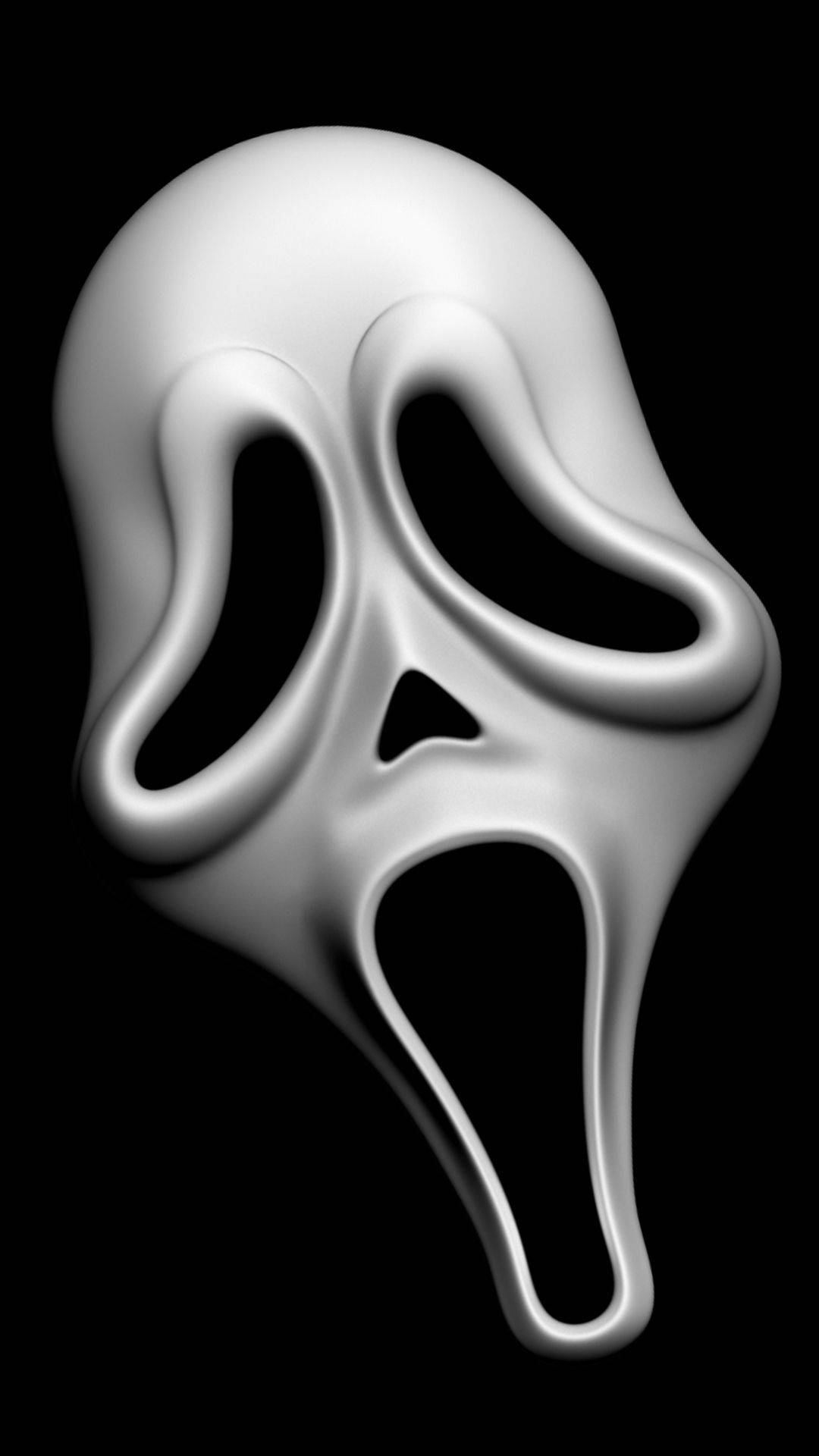 《Scream》電影中的Ghostface面具 壁紙 — 一個亮白色尖叫面具，帶有深邃的黑色眼睛和嘴巴孔洞，置於純黑色背景上。