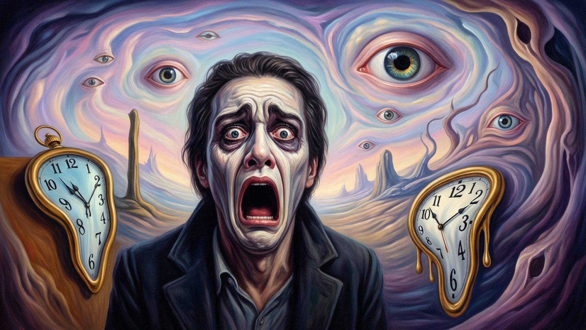 The Scream 桌布 壁紙 — 一個尖叫的男人被融化的時鐘和漂浮的眼睛包圍，在超現實、夢幻般的風景中。
