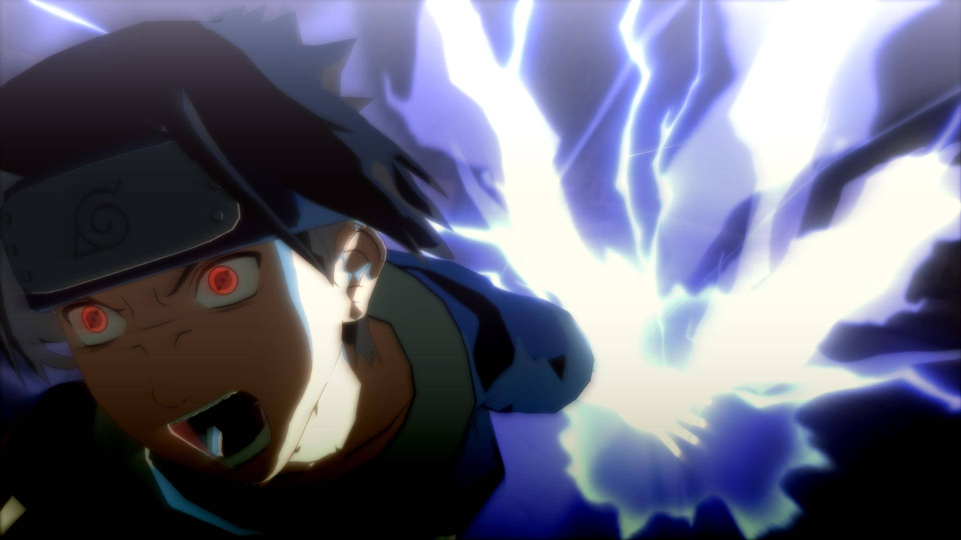 Screaming Sasuke 施放千鳥 4K 壁紙 — 一個擁有紅色眼睛和頭帶的動漫角色在黑暗場景中釋放出強大的藍色閃電攻擊。
