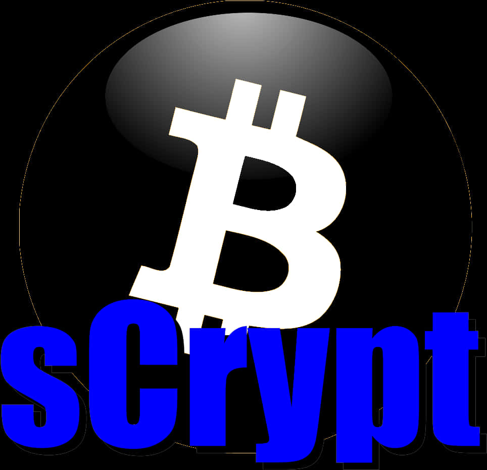 比特幣Script標誌圖形 壁紙 — 一個大膽的白色比特幣標誌在黑色球體上發光，下方有藍色「sCrypt」文字。