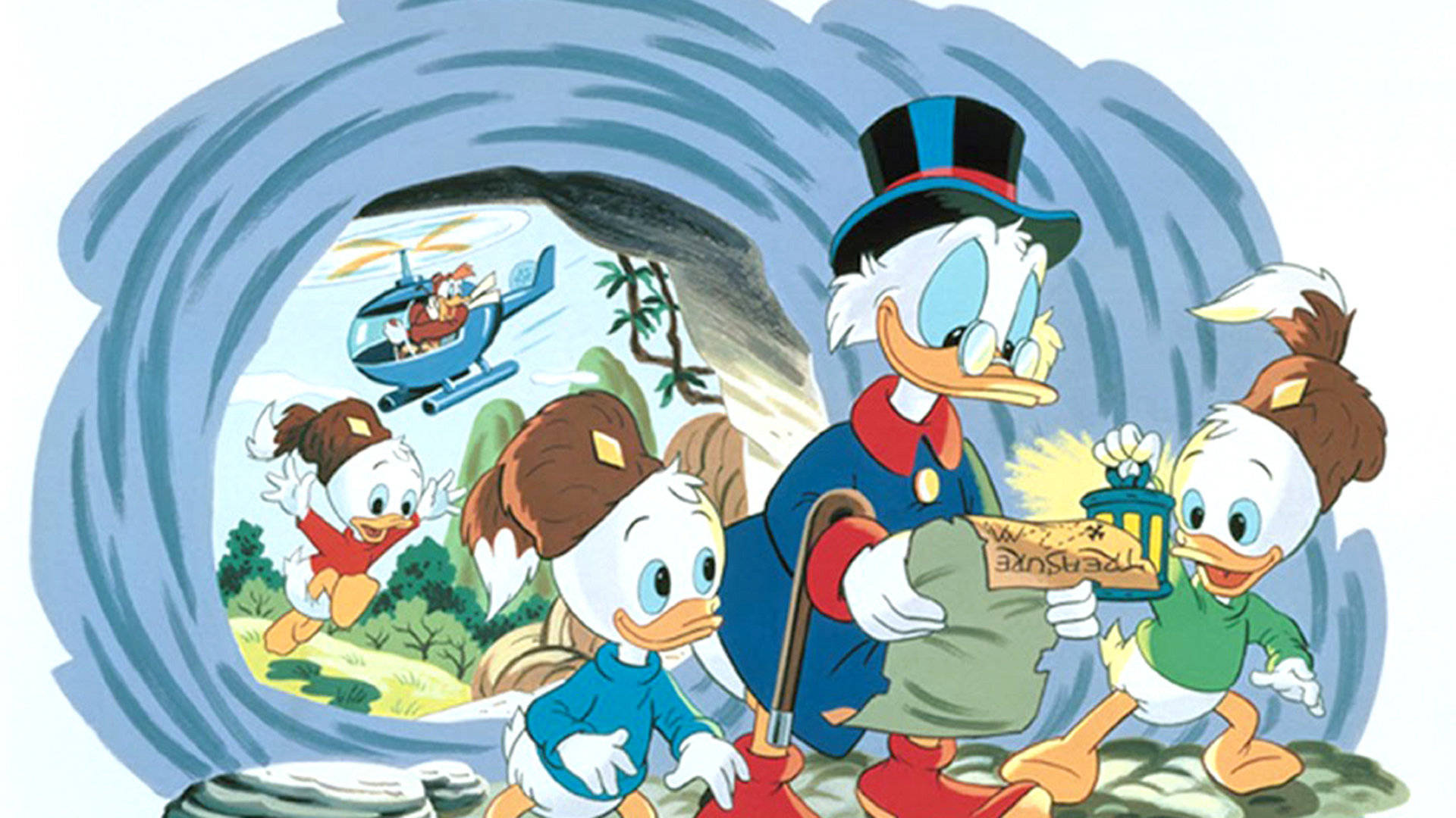 Scrooge McDuck 與孩子們在採礦區 壁紙 — 史高治·麥克達克和他的侄子們在洞穴中發現寶藏，外面有直升機飛行的風景卡通插圖。