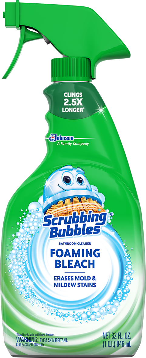 Scrubbing Bubbles浴室清潔劑含漂白劑 壁紙 — 一個亮綠色的Scrubbing Bubbles泡沫漂白劑瓶，帶有卡通泡泡吉祥物和旋轉泡沫設計。