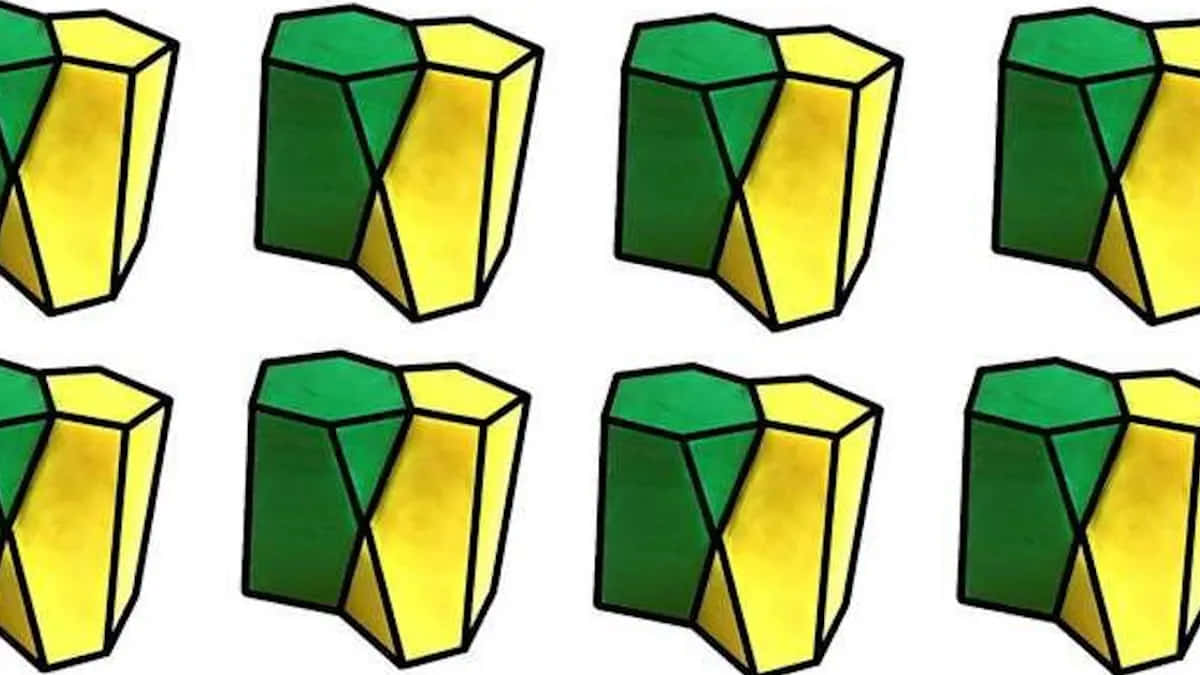 黃綠色 Scutoid 幾何圖形 壁紙 — 八個相同的綠色和黃色幾何形狀方塊，排列成兩行，背景為白色。