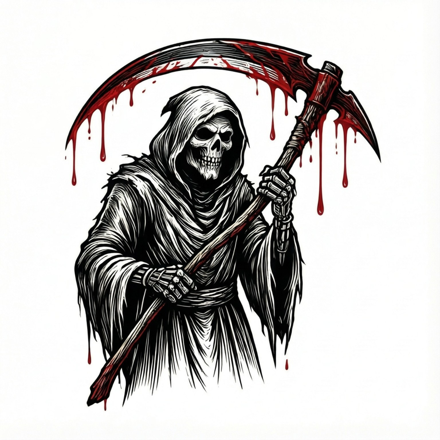 死神手持沾血鐮刀的黑白插圖