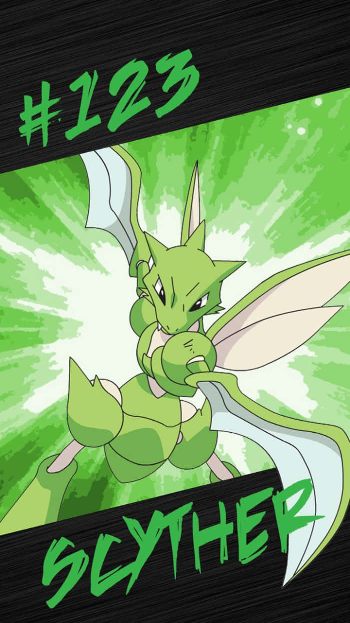 Scyther 123 手機壁紙 壁紙 — 一隻動態動漫風格的綠色龍系寶可夢，名為Slyther，擁有鋒利的刀刃和兇猛的表情，背景是充滿活力的綠色爆發。