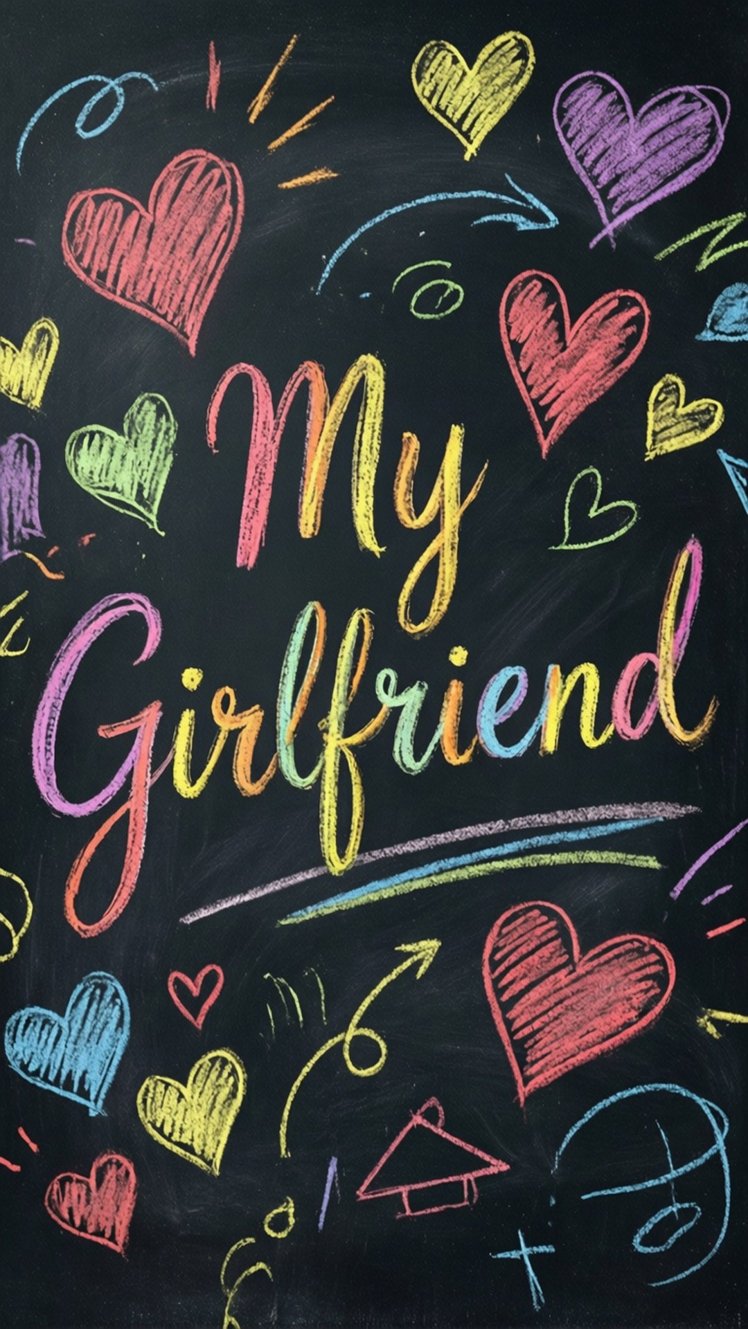 Chalkboard Love Doodles 壁紙 — 色彩繽紛的粉筆畫心形和箭頭圍繞著黑板上的彩色草書文字「My Girlfriend」。