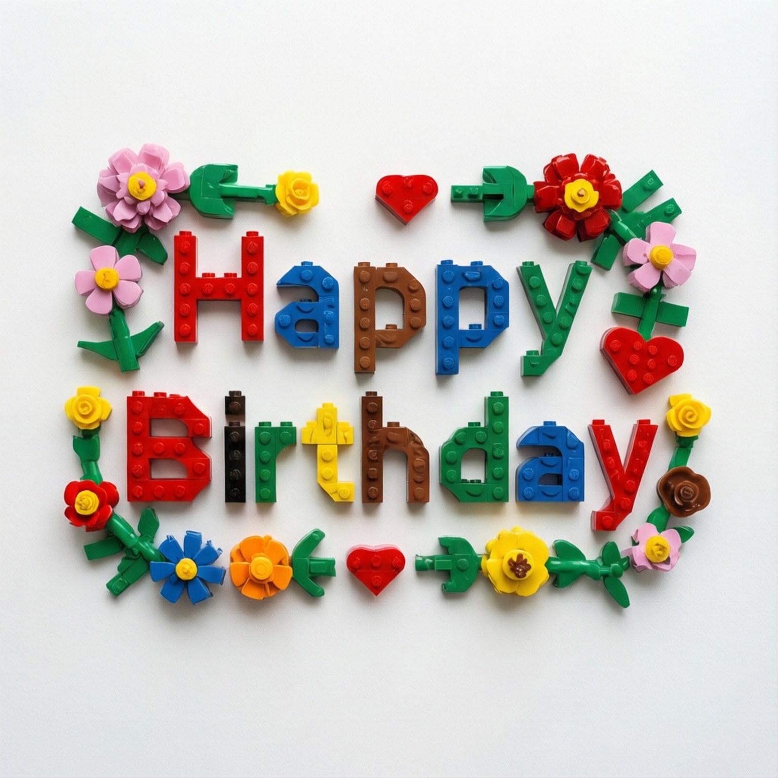 Happy Birthday 用彩色LEGO積木拼出，周圍有LEGO花朵和心形。