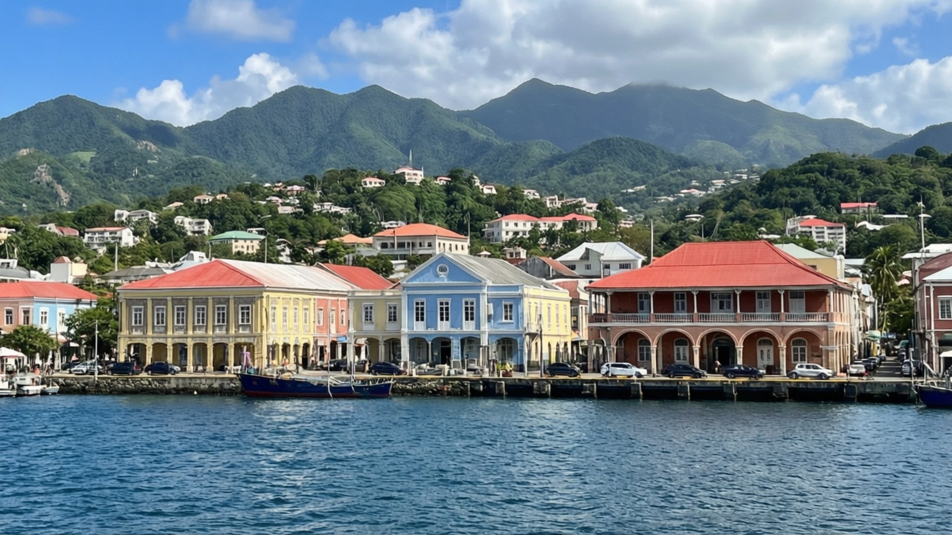 色彩繽紛的海濱建築，背景有山巒。