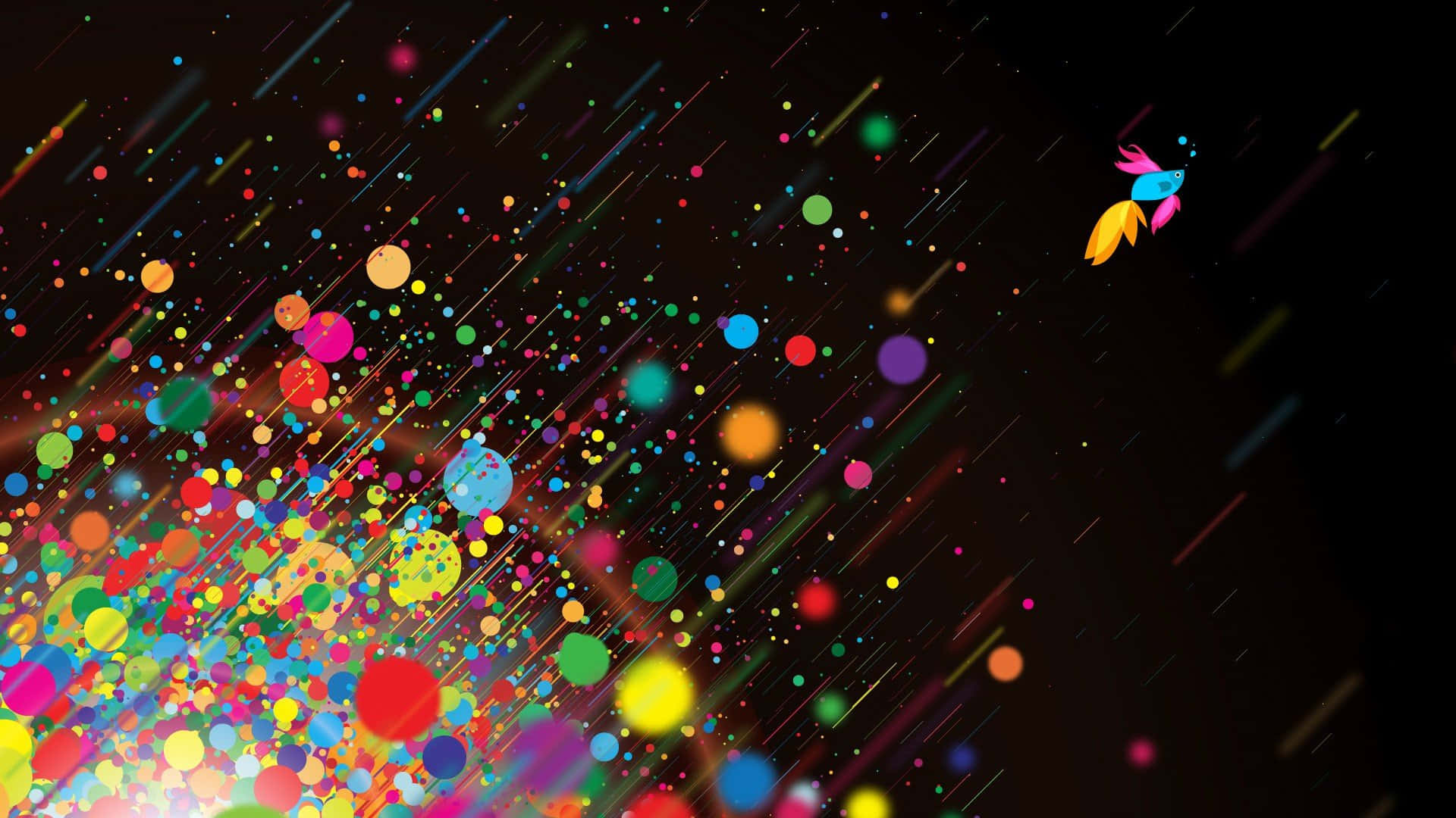  壁紙 — 色彩繽紛的點點和條紋在黑暗背景上呈對角線放射狀爆炸，一枚小火箭拖曳著火花。