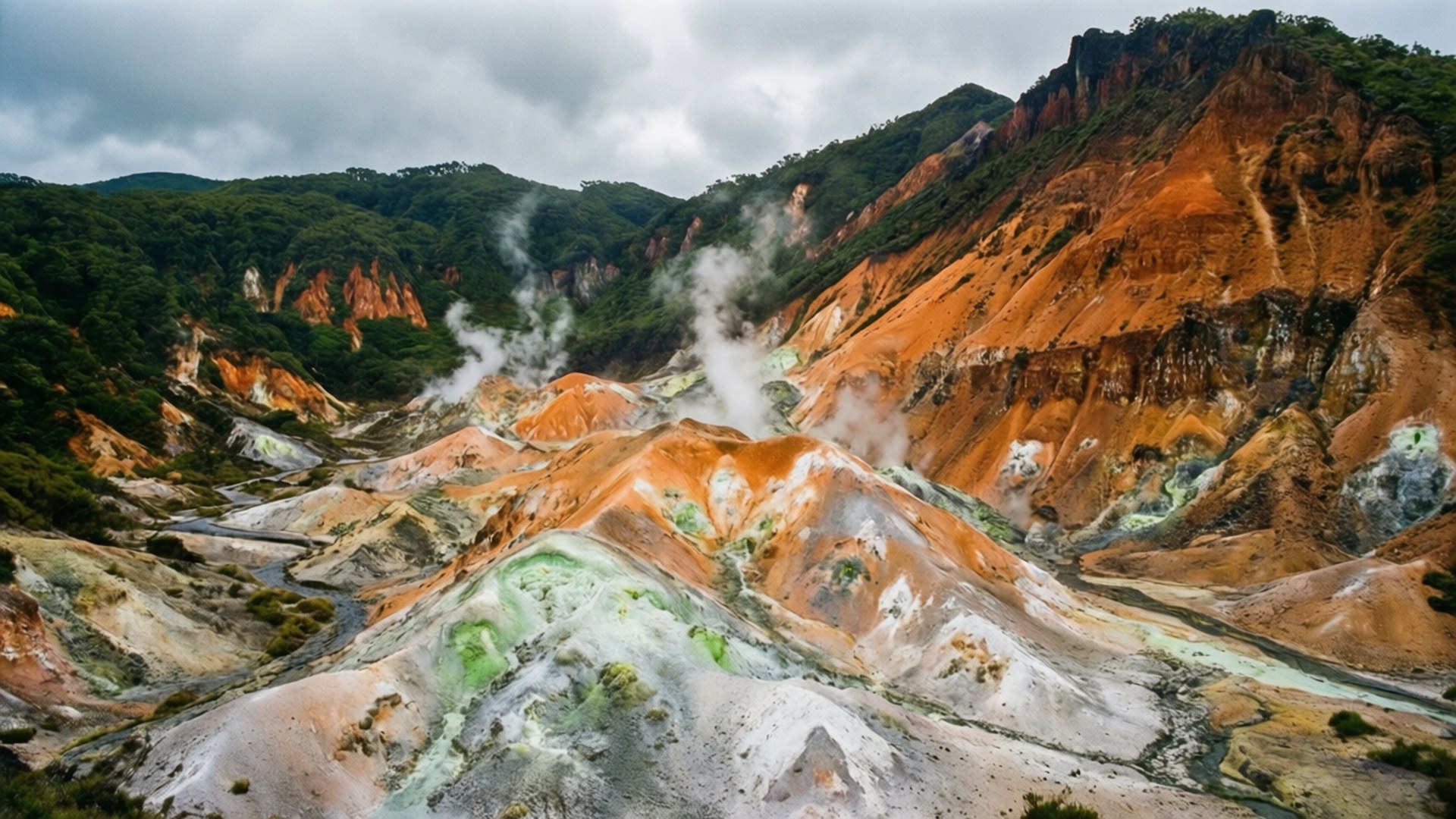 在火山景觀中，蒸氣從色彩繽紛的富含礦物質山坡上升起。