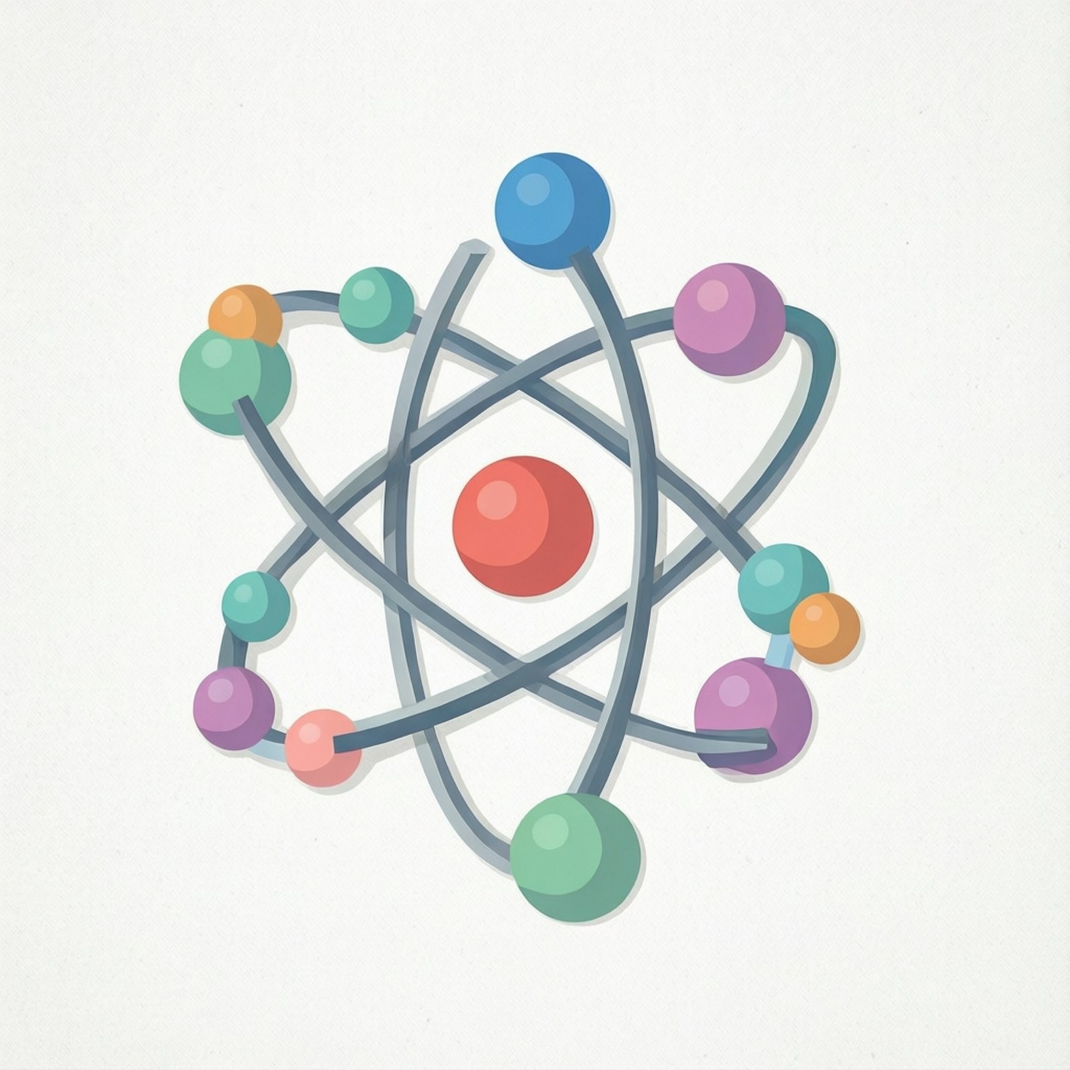 Chemistry 桌布 壁紙 — 一個色彩繽紛的風格化原子插圖，帶有紅色原子核和以柔和色調繞行的電子，背景為淺色。