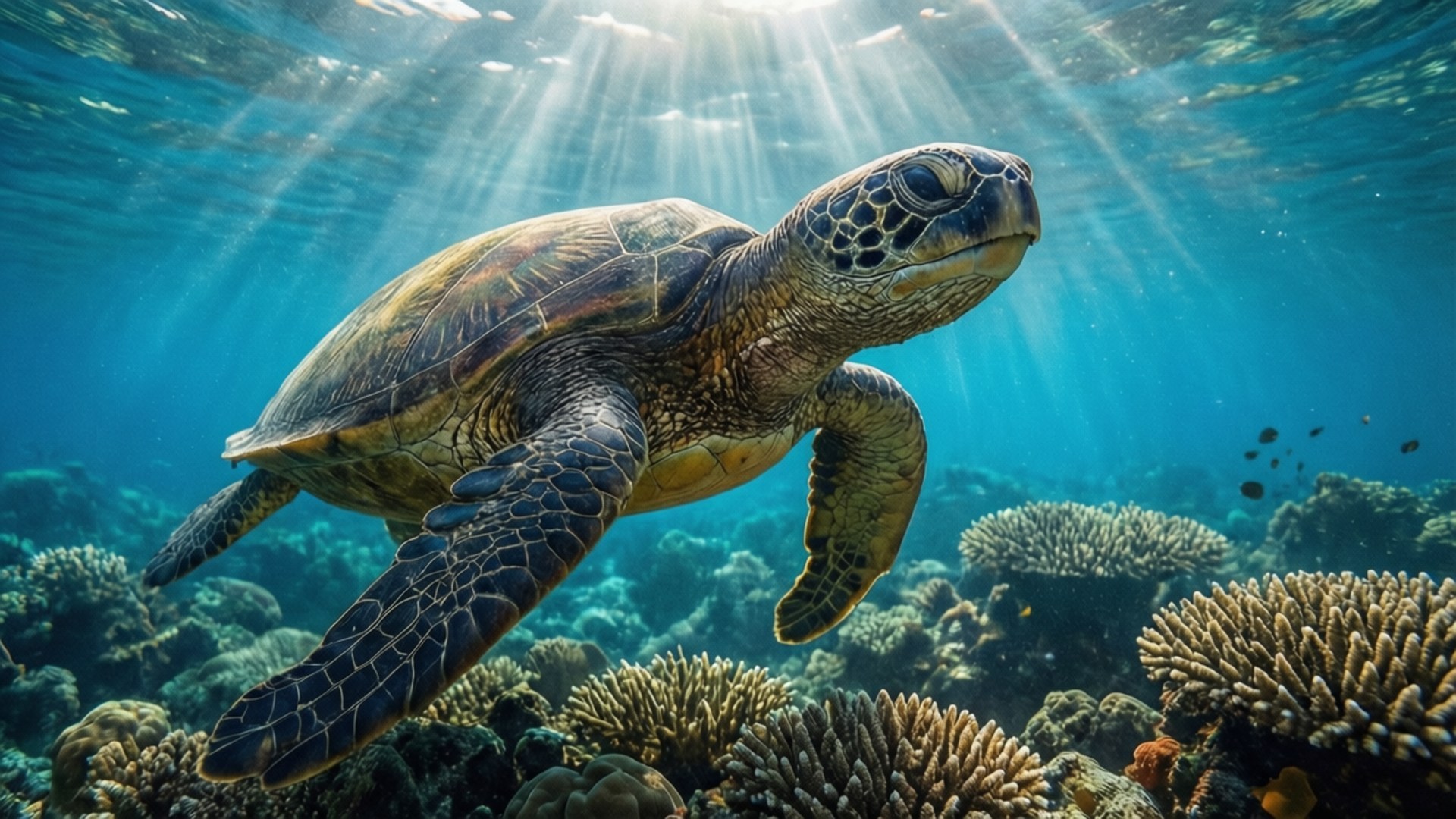 海龜在清澈的藍色海水中游過珊瑚礁，伴隨著陽光光線