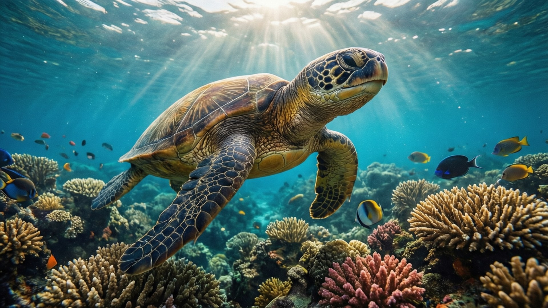 一隻海龜在珊瑚礁上方游泳，周圍有色彩繽紛的魚類和穿透水面的陽光。