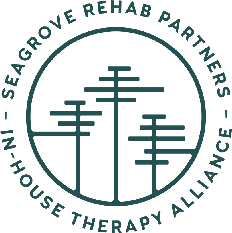 Seagrove Rehab Partners 標誌 壁紙 — 一個青綠色的圓形標誌，帶有風格化的樹狀符號，以及黑色背景上的文字 Seagrove Rehab Partners In-House Therapy Alliance。