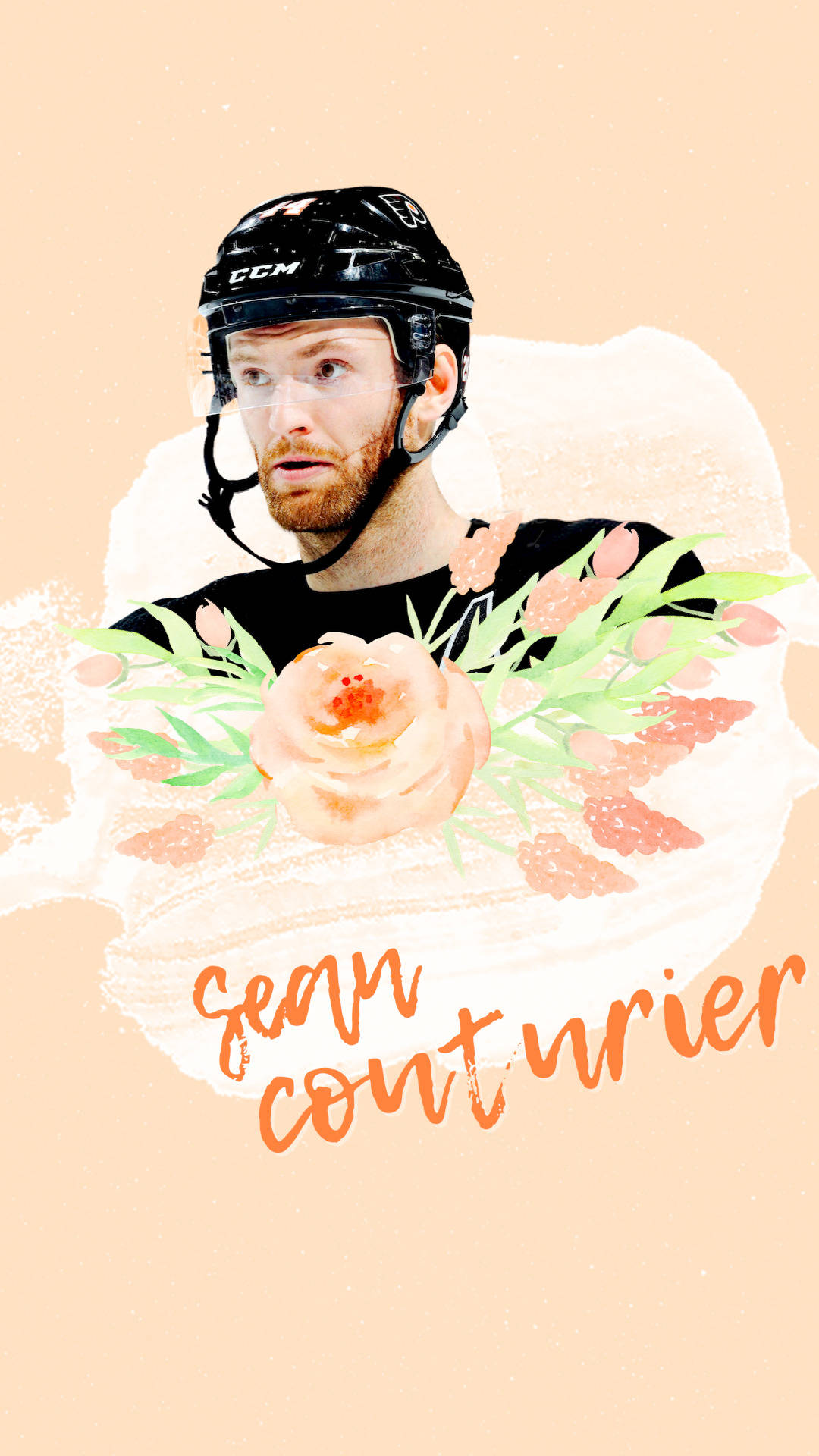 Sean Couturier 動作瞬間 - 壁紙級攝影 壁紙 — 一名冰球運動員，帶有花卉水彩疊加效果和蜜桃色背景。