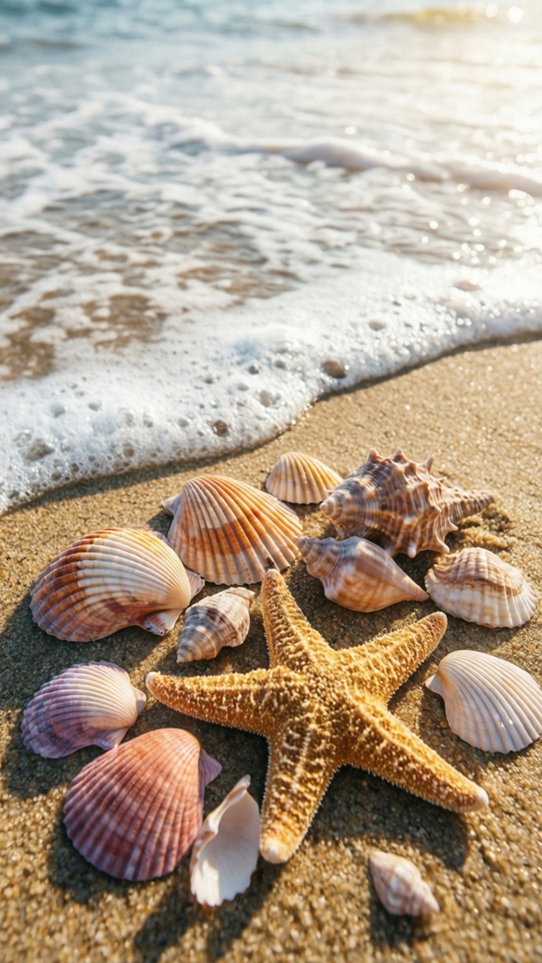 沙灘上的海星和貝殼，海浪湧來