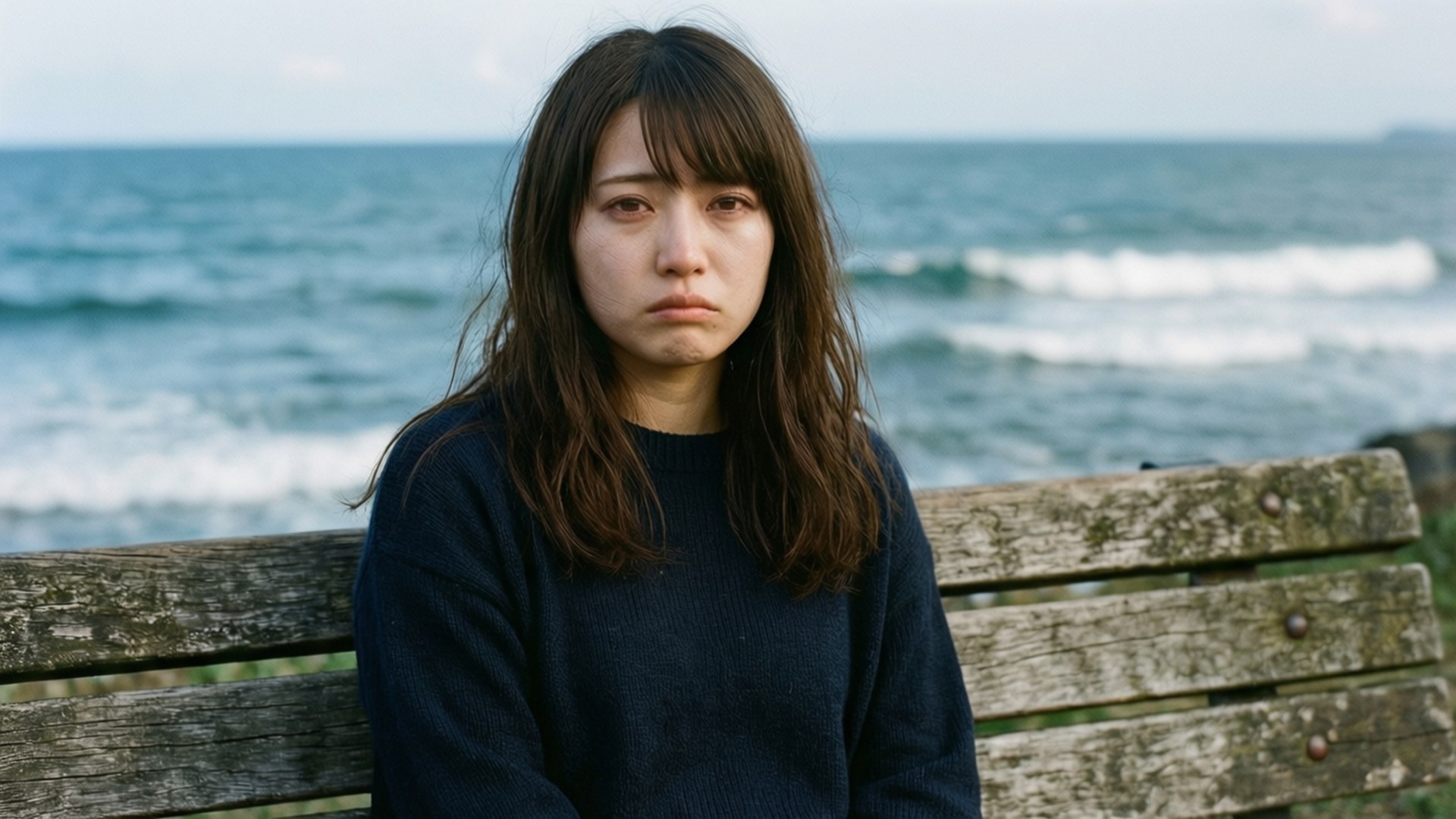 一位年輕女子坐在木長椅上，面向海洋，表情憂鬱。