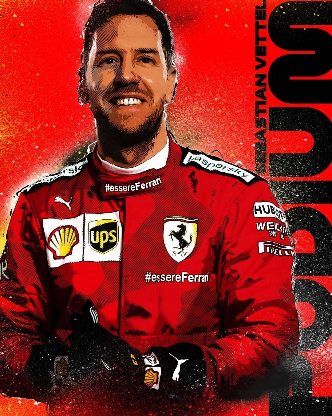 Sebastian Vettel 穿著紅色法拉利賽車服微笑，帶有贊助商標誌