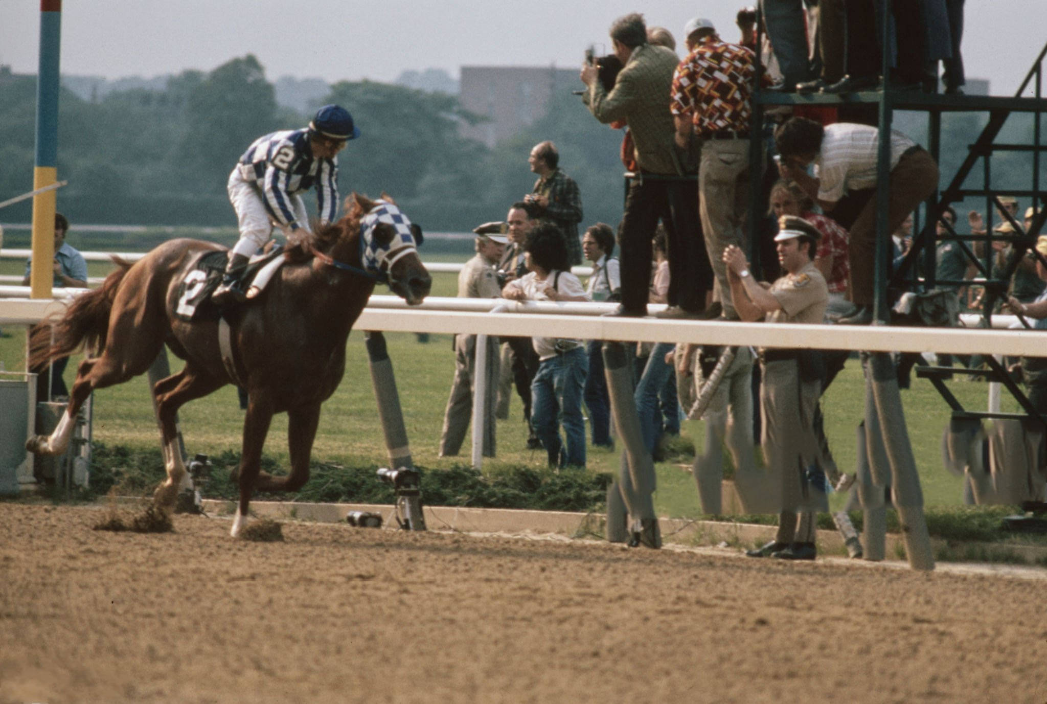 Secretariat 照片 壁紙 — 一位身穿條紋絲綢的騎師騎著一匹棕色的二號賽馬，從泥地賽道的閘門衝出，觀眾在旁觀看。