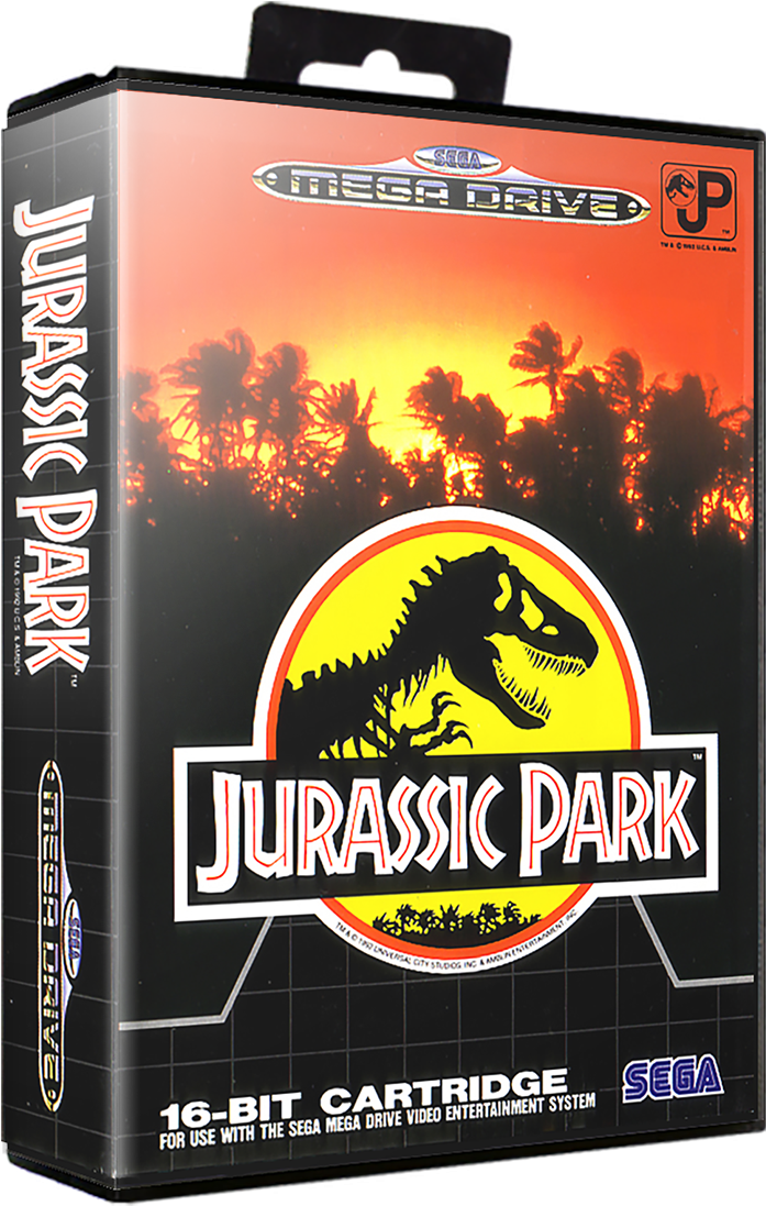侏羅紀公園 Sega Mega Drive 遊戲卡帶盒 壁紙 — Sega Mega Drive 遊戲盒，用於侏羅紀公園，帶有日落、棕櫚樹和咆哮的 T-Rex 標誌。